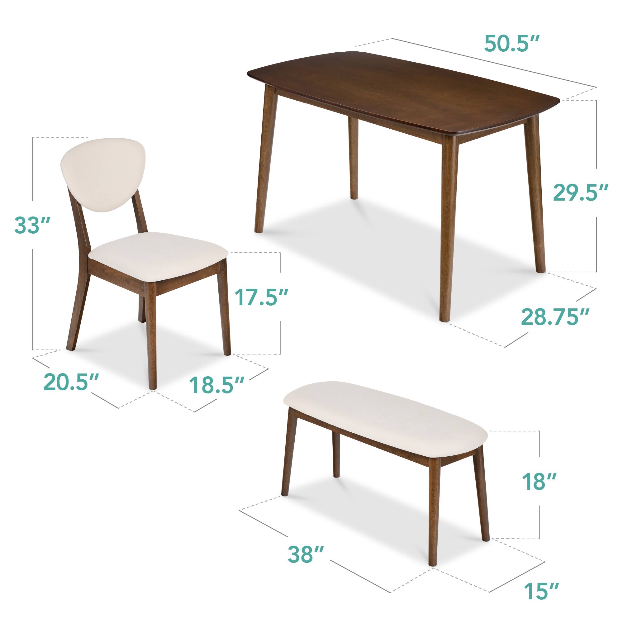 - Table: 50.5" x 29.5" x 28.75"
- Chair: 33" x 17.5" x 20.5" x 18.5"
- Bench: 38" x 18" x 15"