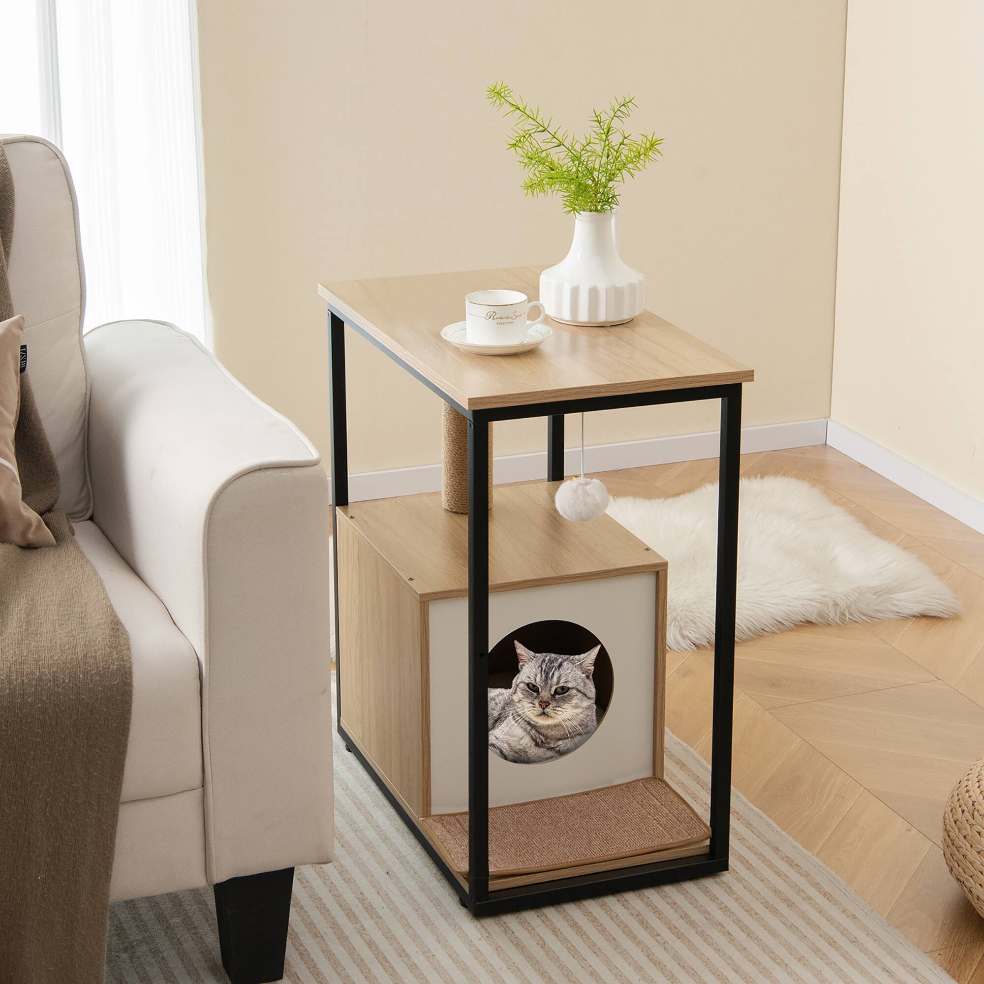 Alt View 1. Gymax - Gymax Cat Furniture End Table w/ Scratching Post Removable Scratching Mat Living Room - Natural.