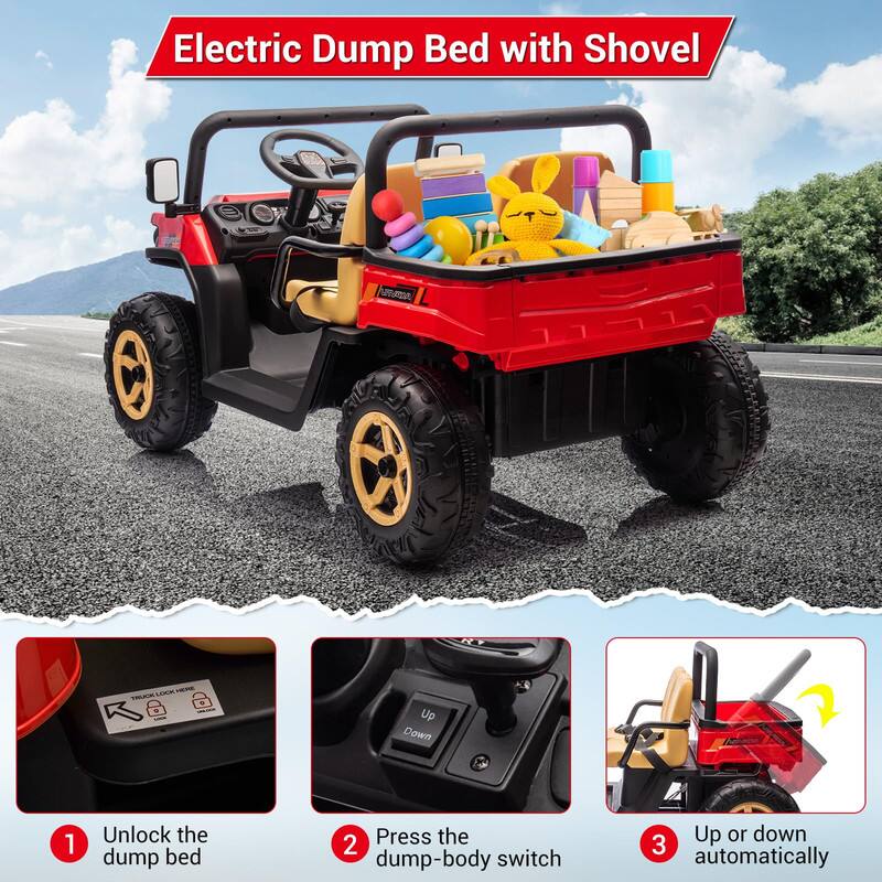 Electric Dump Bed with Shovel

1. Unlock the dump bed
2. Press the dump-body switch
3. Up or down automatically