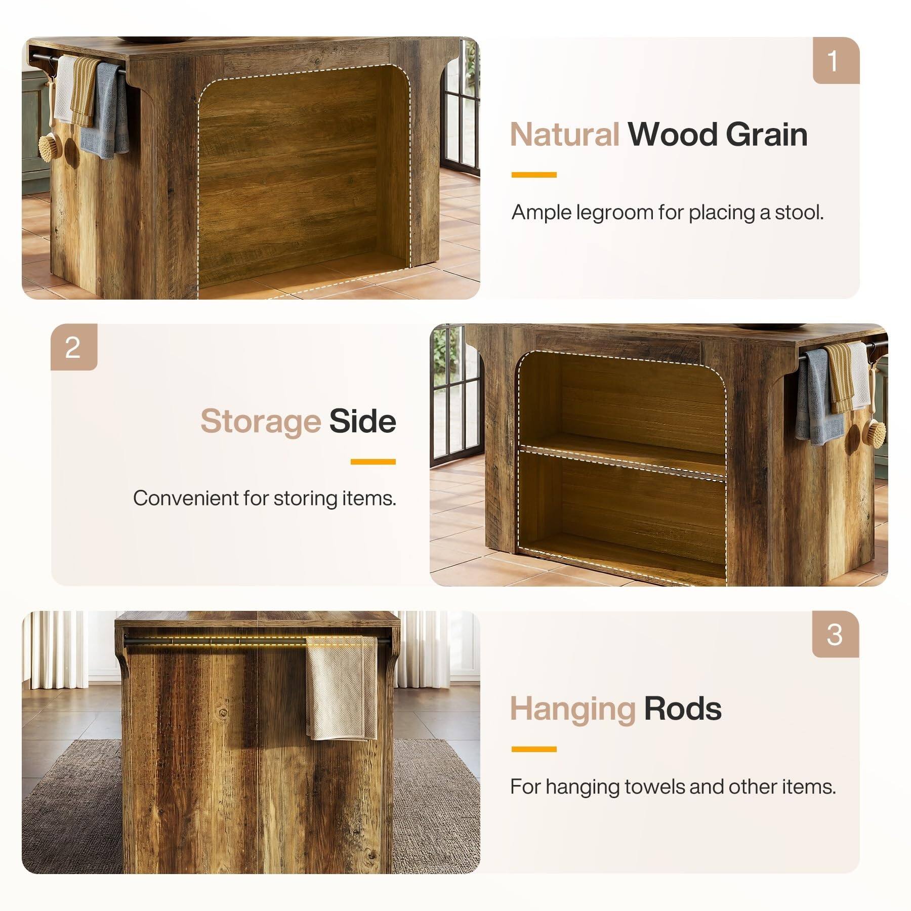 1. Natural Wood Grain
   - Ample legroom for placing a stool.

2. Storage Side
   - Convenient for storing items.

3. Hanging Rods
   - For hanging towels and other items.