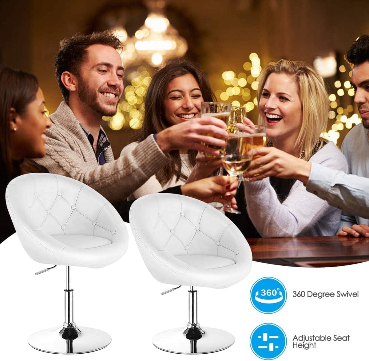 The image shows a group of people sitting around a table, with two chairs positioned in front of them. They are all holding wine glasses and appear to be enjoying a social gathering. The chairs are described as having a 360-degree swivel feature, allowing for easy movement and adjustable seat height. The scene captures a moment of camaraderie and shared enjoyment among the group.