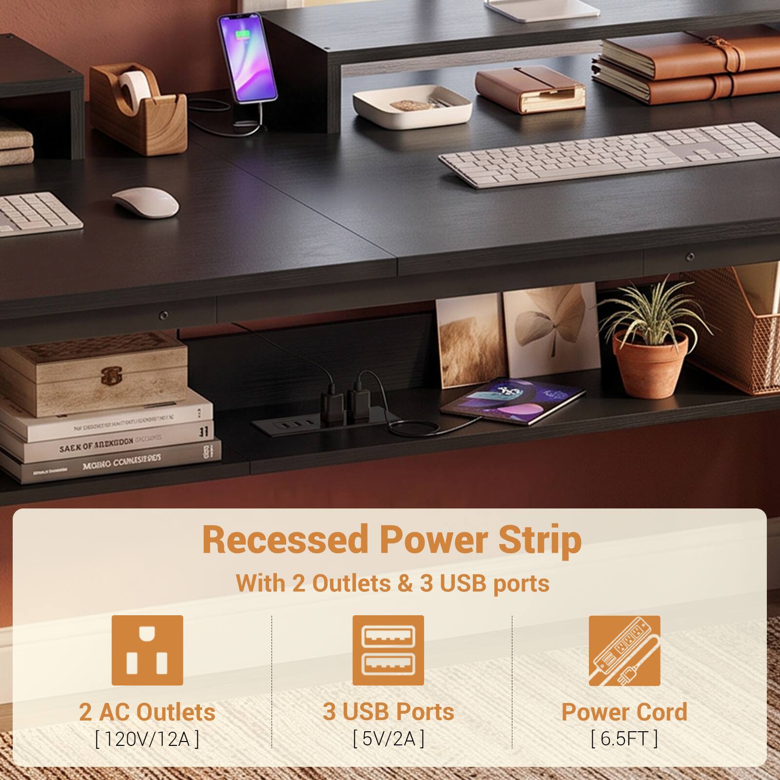 DESOKTION ANZKGOON DICCAMIS SAEK OF MOING COUNISIERES

FE 81

Recessed Power Strip With 2 Outlets & 3 USB ports
2 AC Outlets [120V/12A]
3 USB Ports [5V/2A]
Power Cord [6.5FT]