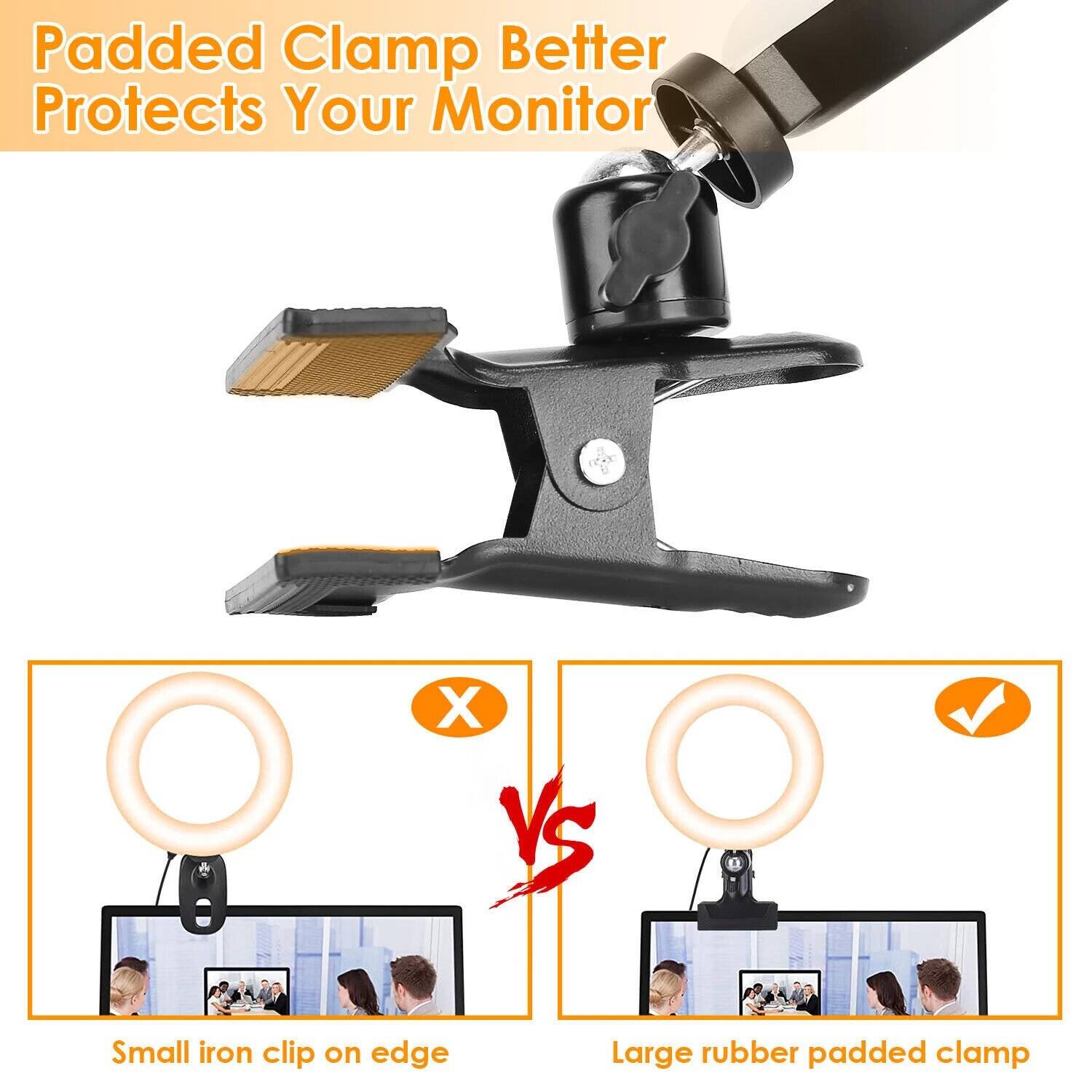 Padded Clamp Better Protects Your Monitor

Small iron clip on edge

Large rubber padded clamp