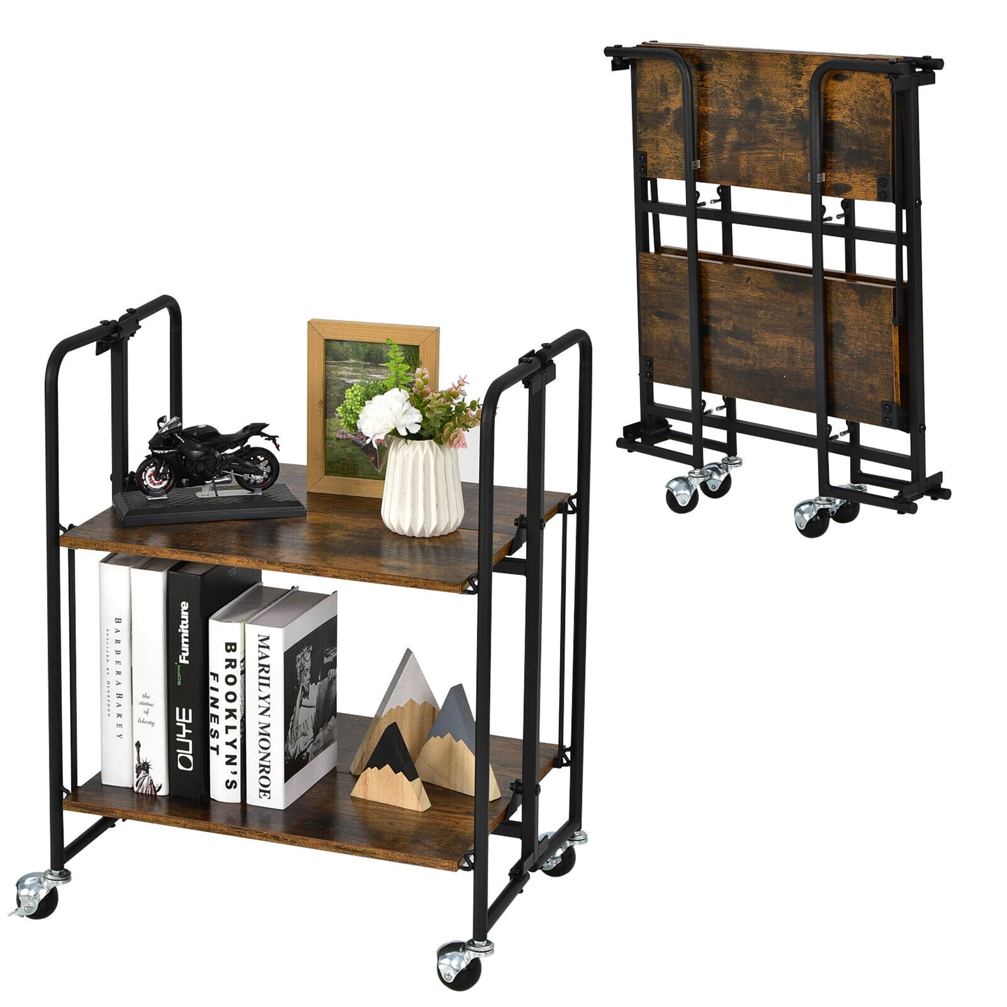 Gymax - 2-Tier Folding Bar Cart Kitchen Serving Island Utility Cart Storage Shelves - Rustic Brown