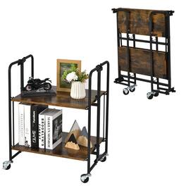 Gymax - 2-Tier Folding Bar Cart Kitchen Serving Island Utility Cart Storage Shelves - Rustic Brown