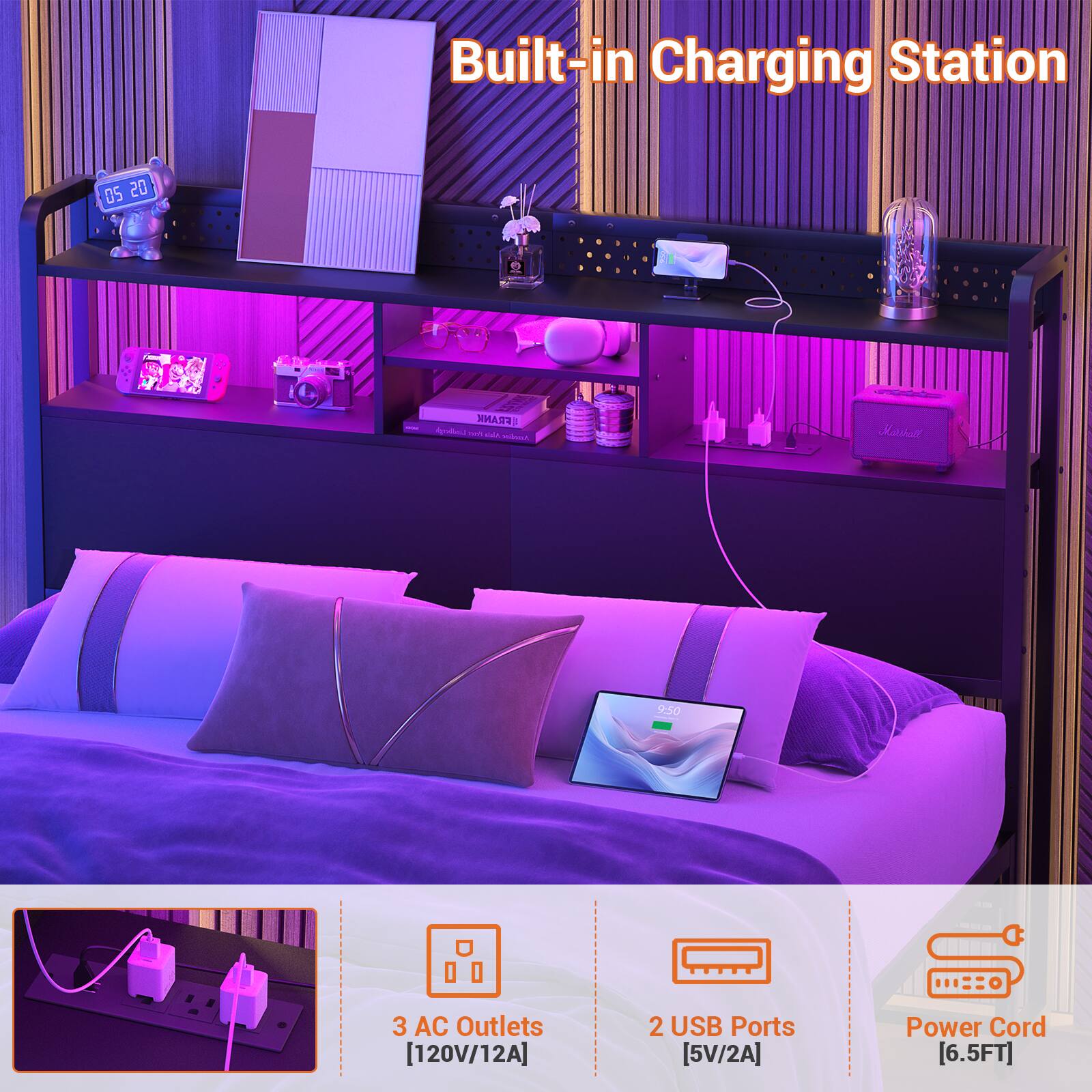Built-in Charging Station

- 3 AC Outlets [120V/12A]
- 2 USB Ports [5V/2A]
- Power Cord [6.5FT]