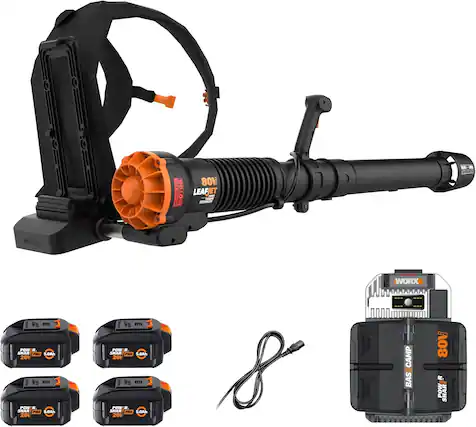 The image features a leaf blower with a black handle and an orange motor. The leaf blower is designed to be used with a 20V lithium-ion battery, and it is compatible with other 20V lithium-ion batteries. The leaf blower is equipped with a brushless motor, which provides more power and efficiency compared to traditional brushed motors. The image also shows a charger and a battery pack, which are necessary for recharging the leaf blower's battery.
