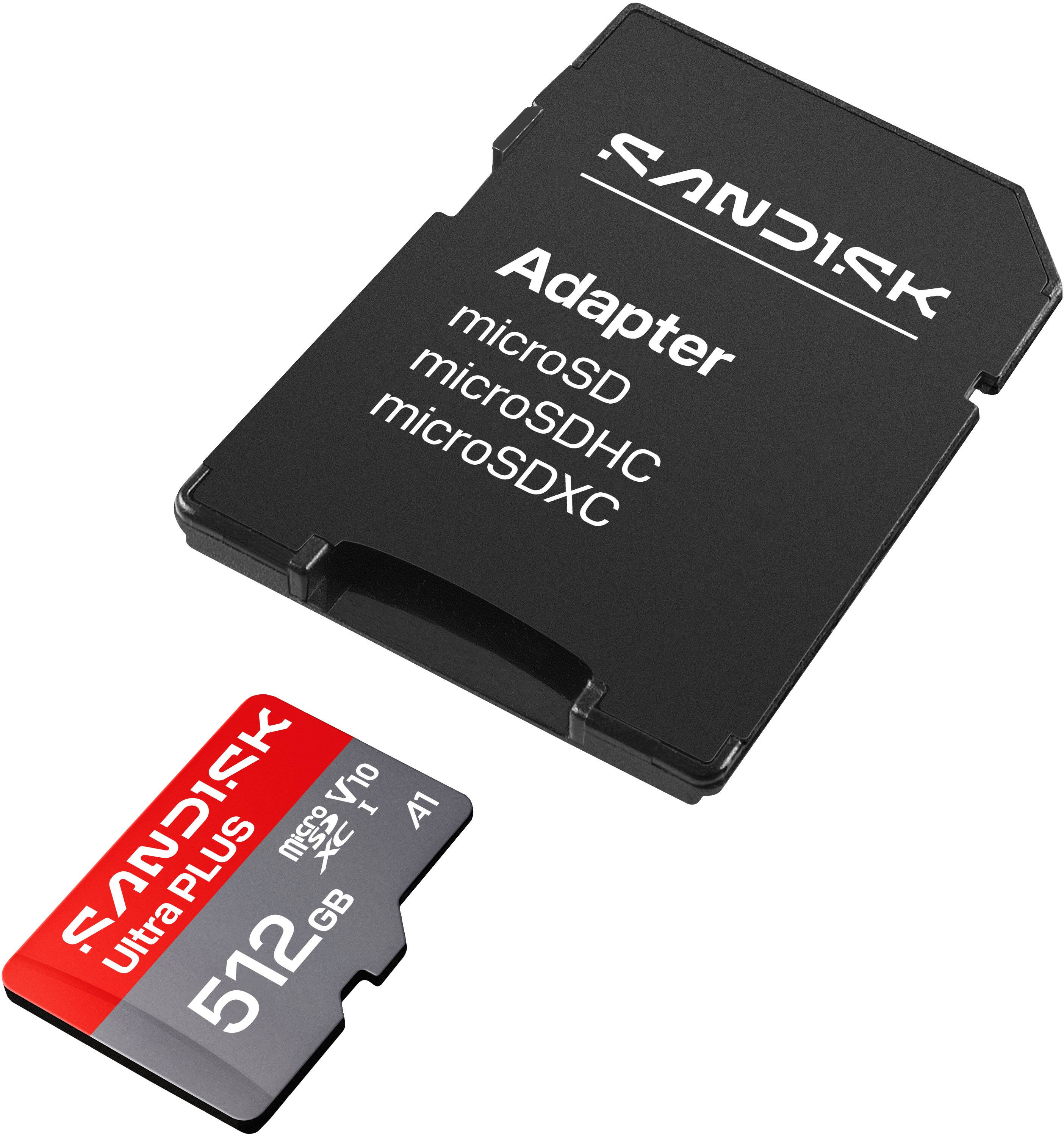 Adapter  
microSD  
microSDHC  
microSDXC  

SanDisk  
Ultra PLUS  
512 GB  
microSDXC  
V10  
A1