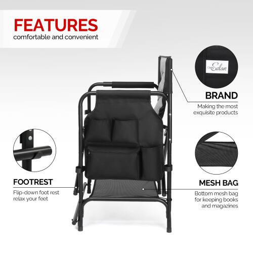 FEATURES  
comfortable and convenient  

BRAND  
Making the most exquisite products  

FOOTREST  
Flip-down foot rest to relax your feet  

MESH BAG  
Bottom mesh bag for keeping books and magazines