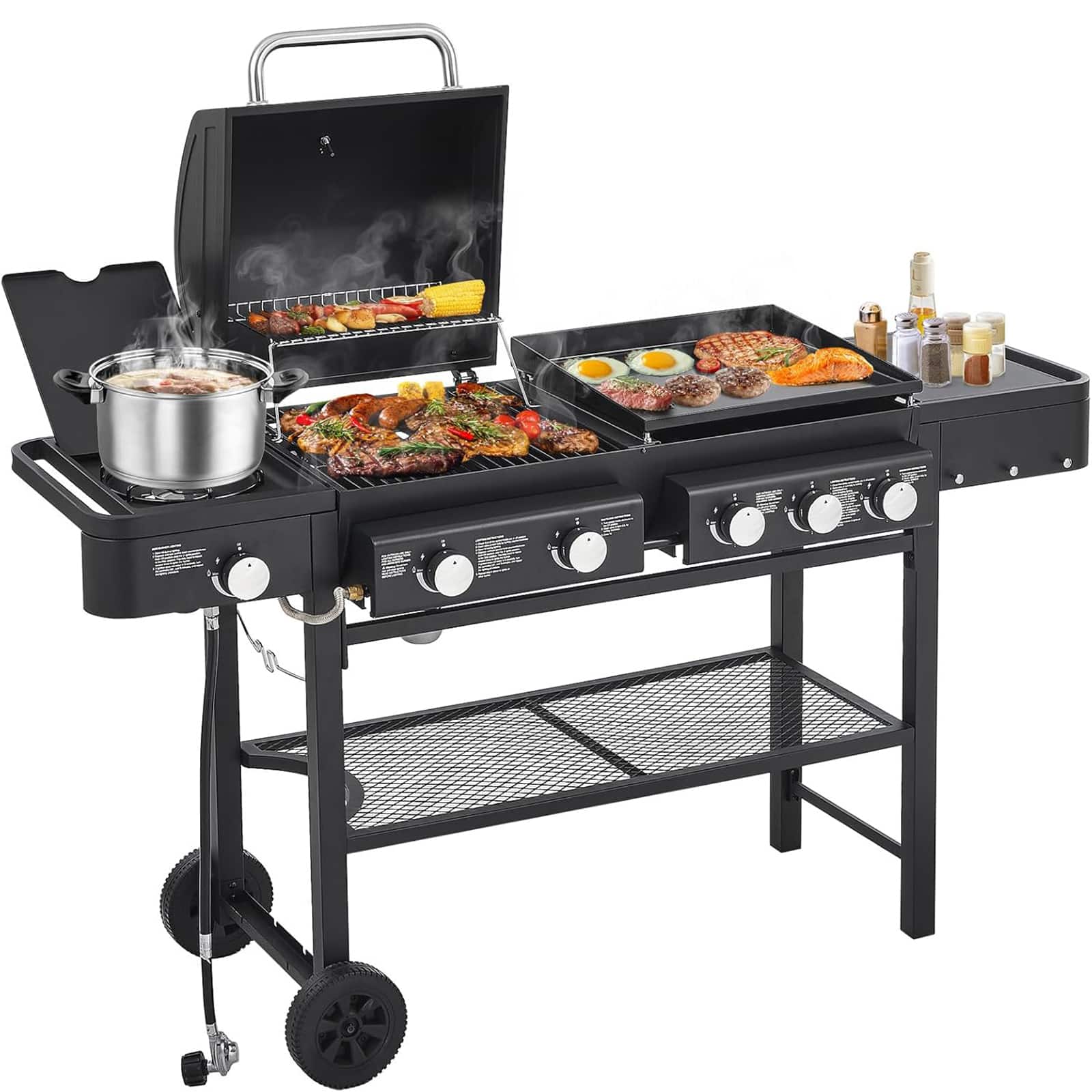 Chateau Abodes - 5-Burner Propane Gas Grill and Griddle Combo with Side Burner, 56000 BTU, Heavy-Duty Enamel Grate for Outdoor Backyard - Black