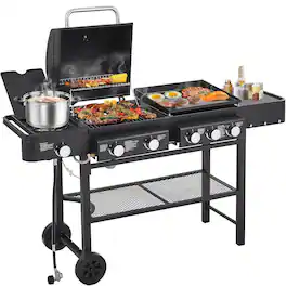 Chateau Abodes - 5-Burner Propane Gas Grill and Griddle Combo with Side Burner, 56000 BTU, Heavy-Duty Enamel Grate for Outdoor Backyard - Black