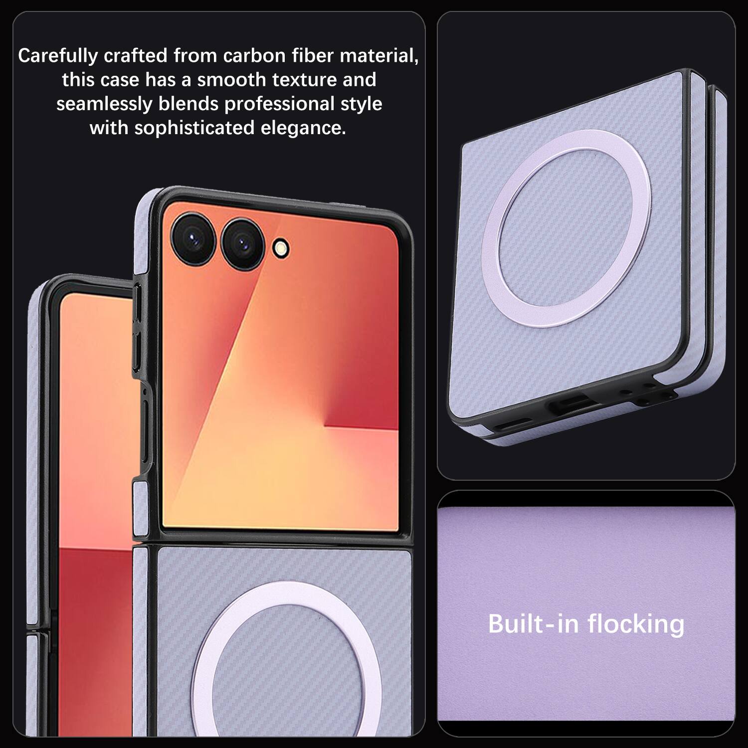 Carefully crafted from carbon fiber material, this case has a smooth texture and seamlessly blends professional style with sophisticated elegance. Built-in flocking