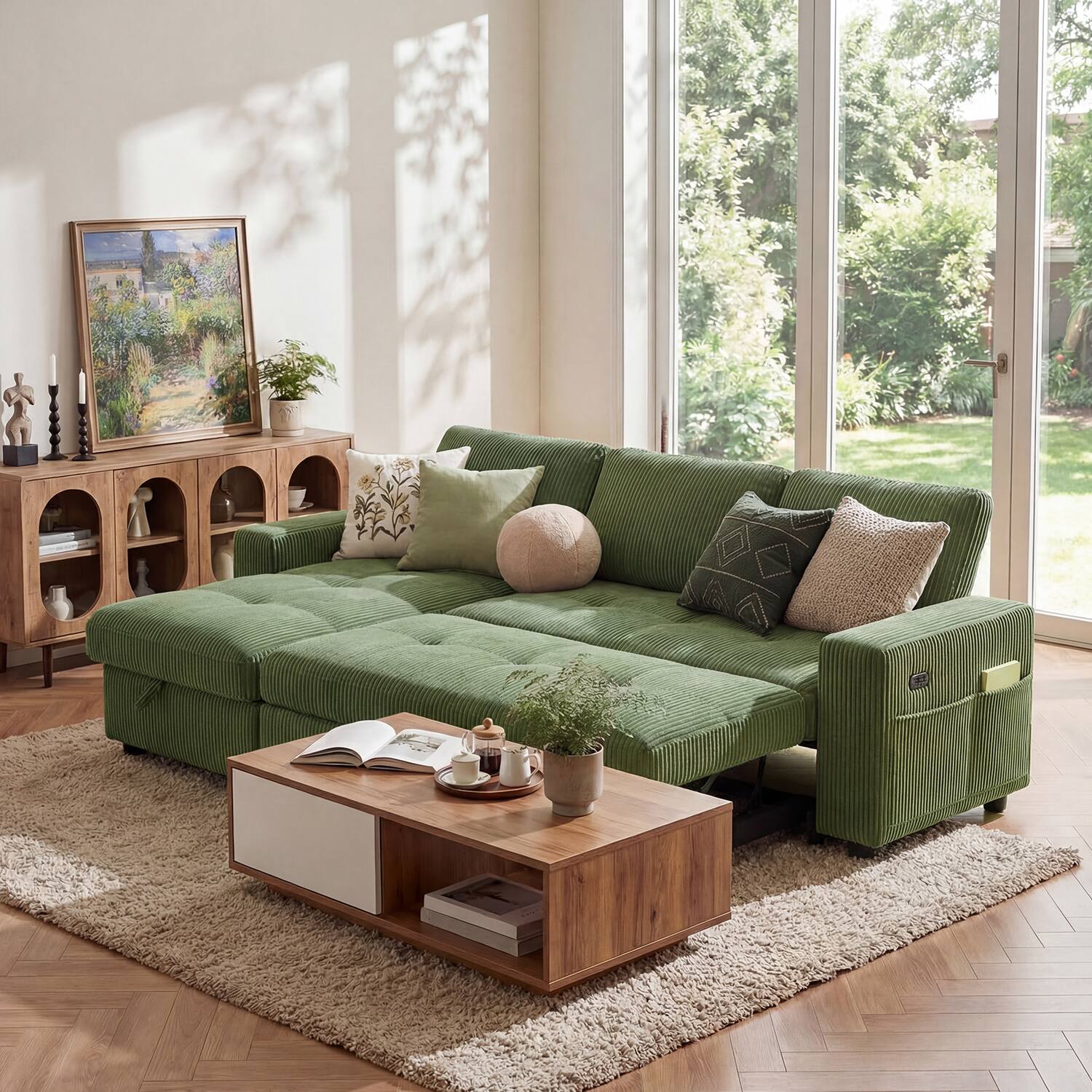 Back. Dyonery - Dyonery 81" L-Shaped Sleeper Sofa Bed, Corduroy with Pull-Out Bed, USB Ports,  Storage & Adjustable Backrest,Green - Corduroy + Green.