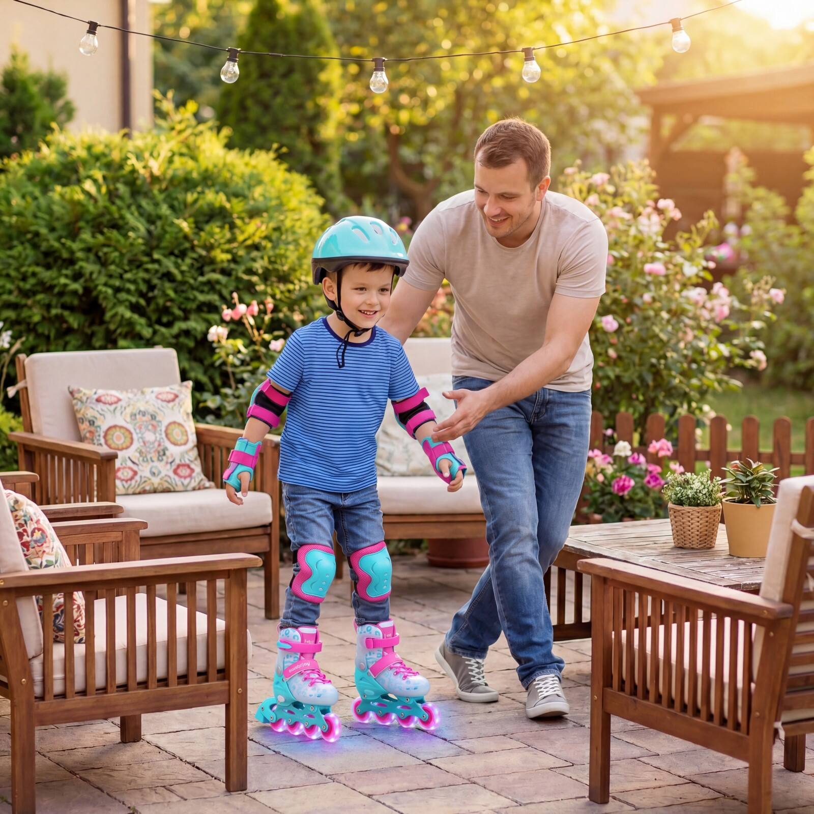Alt View 3. Costway - Costway Kids Inline Skates for Boys Girls Ages 7-9, Adjustable 4 Sizes Roller Skates with Light Up Wheels - Pink & Blue.