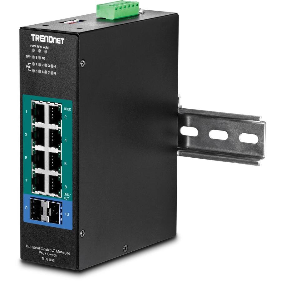 TRENDnet  
PWR RPS ALM  
SFP 8 9 10  
PE 1 2 3 4  
PE 5 6 7 8  

1000  
2  
3  
4  
5  
6  
7  
8  
LNK/ACT  
9  
10  

Industrial Gigabit L2 Managed PoE+ Switch  
TI-PG1021