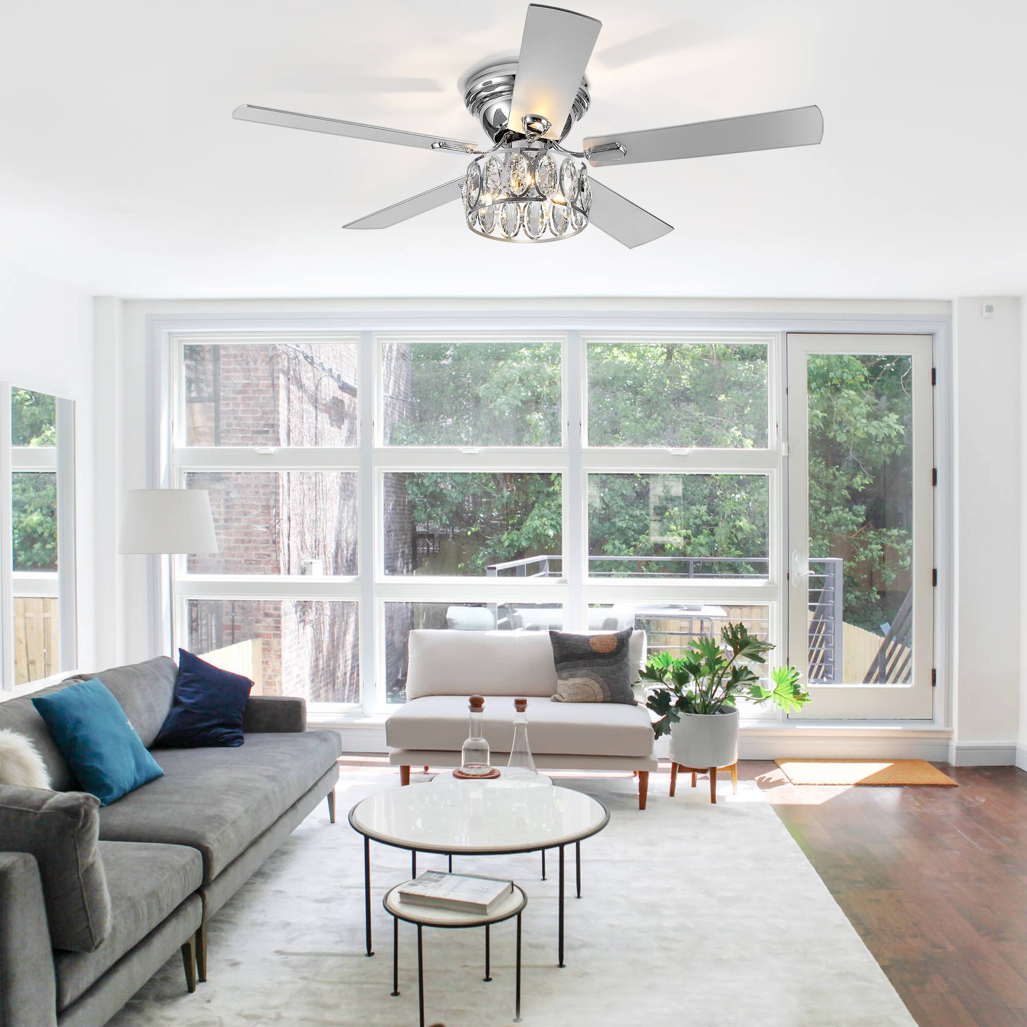 Alt View 1. Breezary - 52'' Flush Mount Ceiling Fan with Light Kit, Low Profile Indoor Crystal Fan, 5 Blades, 6-Speed DC Motor, Remote, Timer - Chrome with Silver Blades.