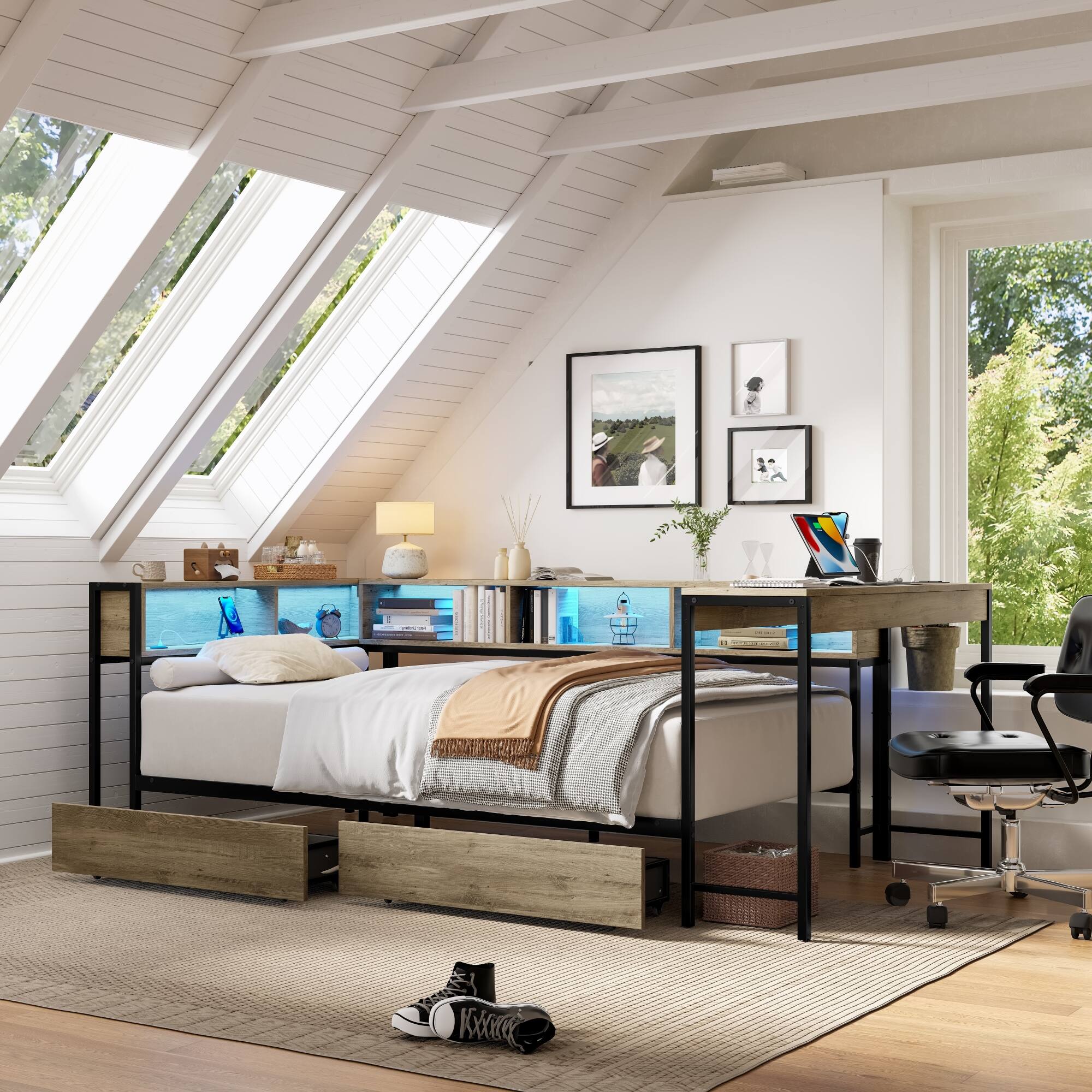 Alt View 4. GOODSILO - Compact Twin Corner Bed Frame with Integrated Bookcase, Underbed Storage Drawers, LED Lighting, and Charging Station - Grey.