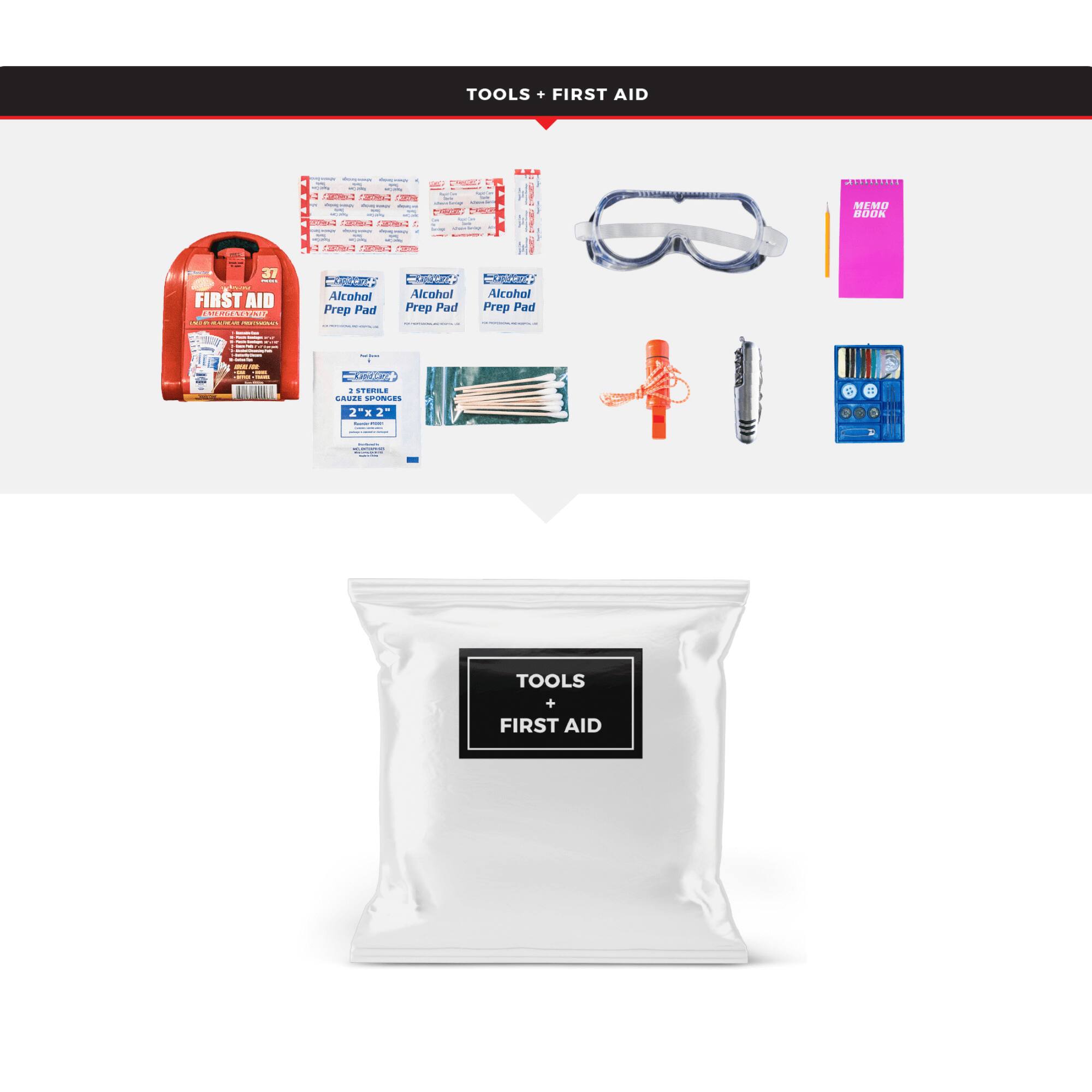 TOOLS + FIRST AID

FIRST AID

- Alcohol Prep Pad
- Alcohol Prep Pad
- Alcohol Prep Pad
- 2" x 2" Sterile Gauze Sponges
- Safety Glasses
- Memo Book
- Pliers
- Screwdriver
- Utility Knife

TOOLS + FIRST AID