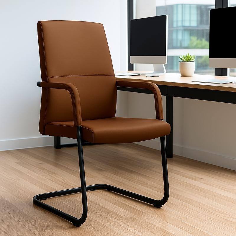 Left. LeisureMod - Evander Leather Office Chair with Aluminum Frame, Fixed Armrests, Sponge Cushion, Easy-Clean Design & Quick Assembly - Dark Brown.