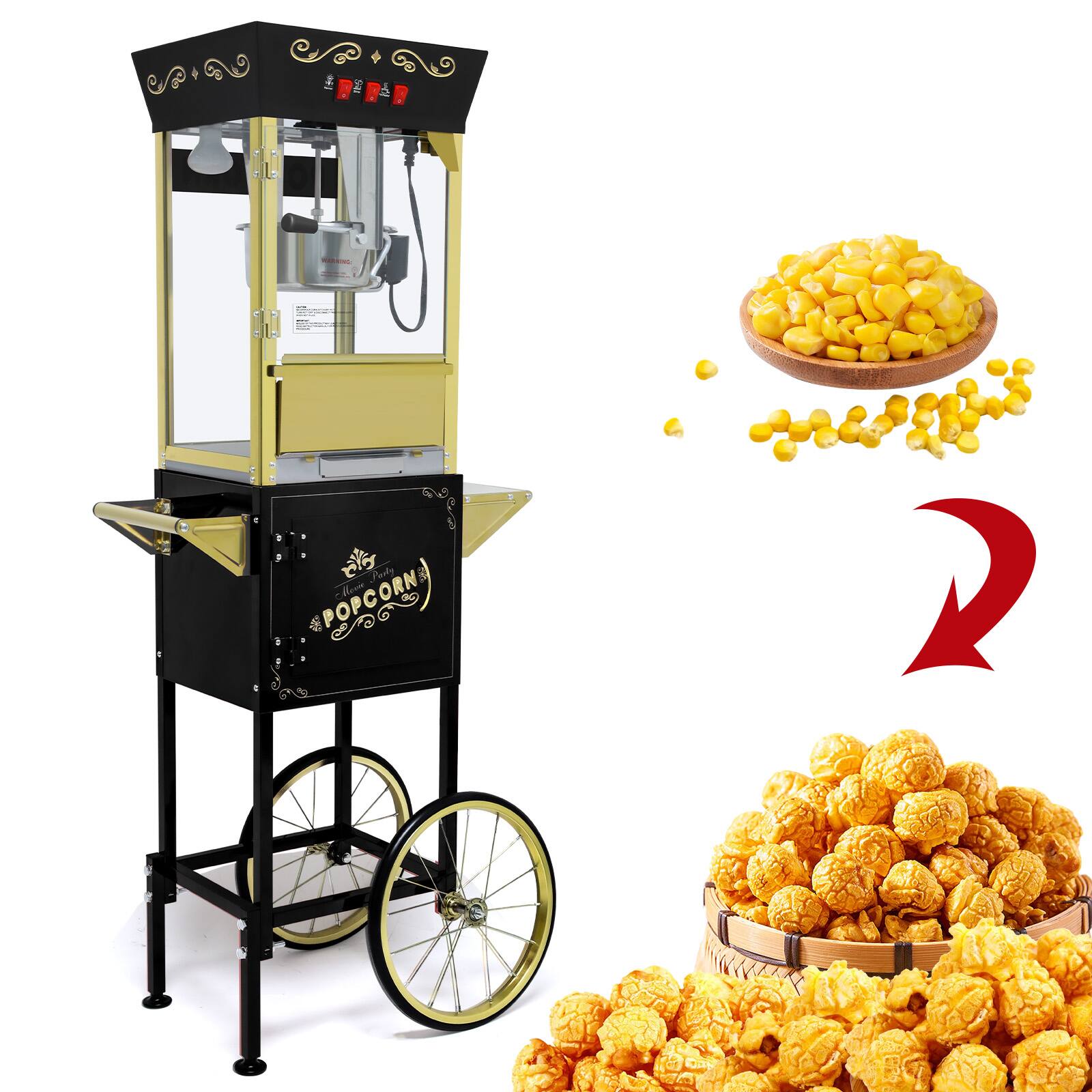 GOODSILO - Vintage Style 12oz Popcorn Machine Cart with Stainless Steel Kettle and Wheels for Home Theater Entertainment - Black