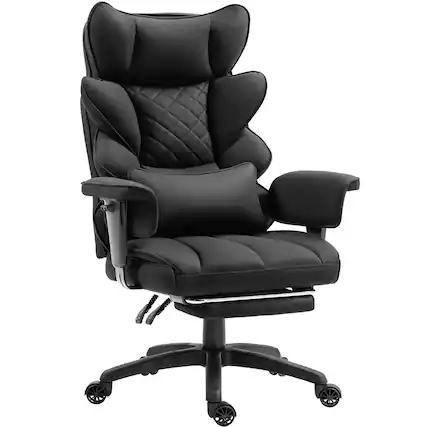 Front. Dowinx - Wide Back Executive Office Chair with Padded Pocket Spring Cushion, Reclining Gaming Chair with Footrest and Armrests - Black Fabric.