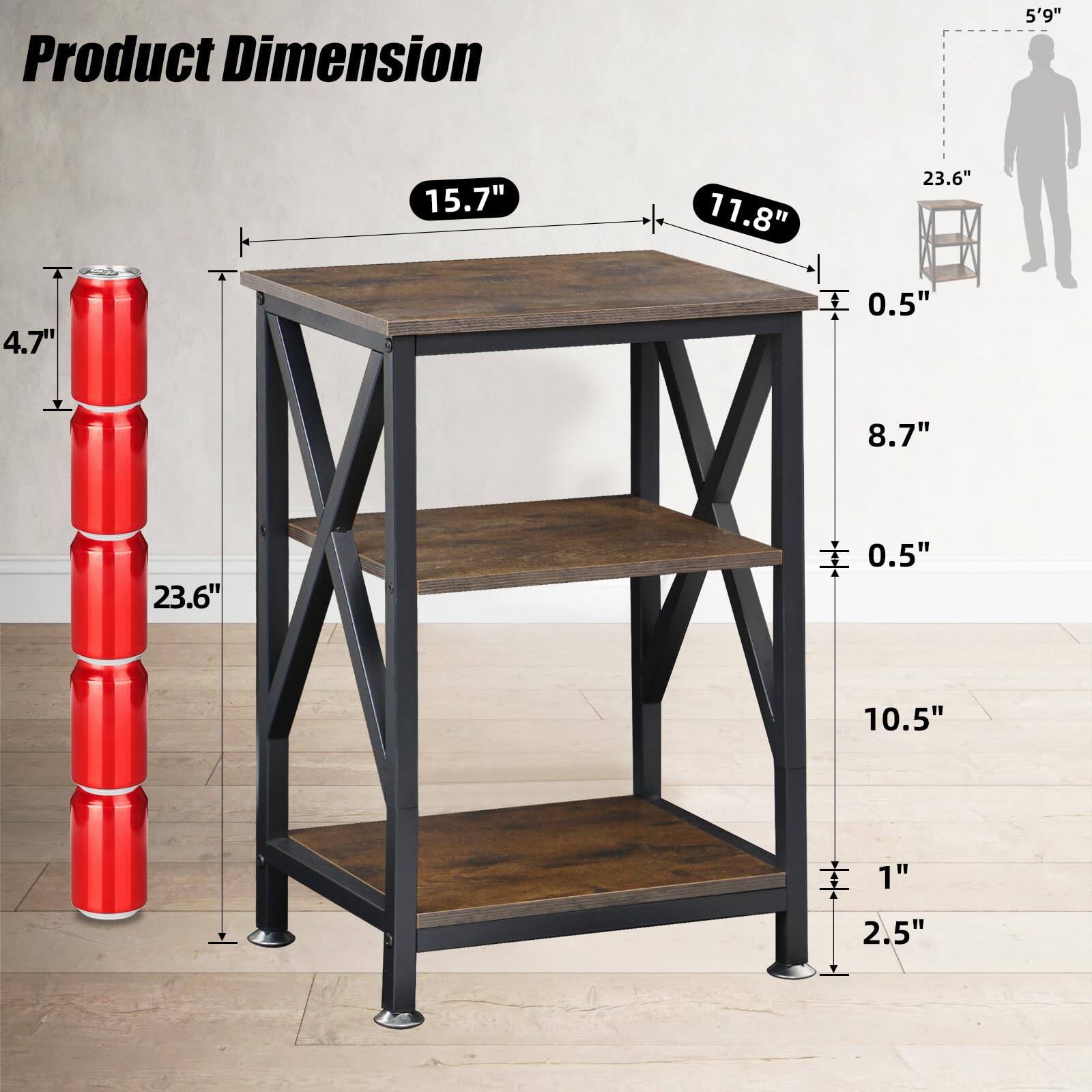 Product Dimension

- Length: 15.7"
- Width: 11.8"
- Height: 23.6"
- Shelf Height: 8.7"
- Shelf Depth: 0.5"
- Leg Height: 10.5"
- Leg Width: 2.5"
- Can Stack Height: 23.6"
- Can Diameter: 4.7"