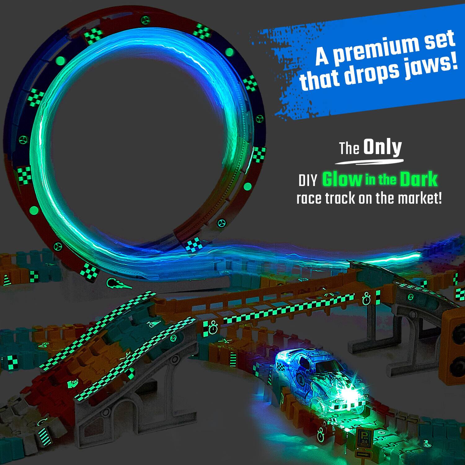 A premium set that drops jaws!  
The Only DIY Glow in the Dark race track on the market!