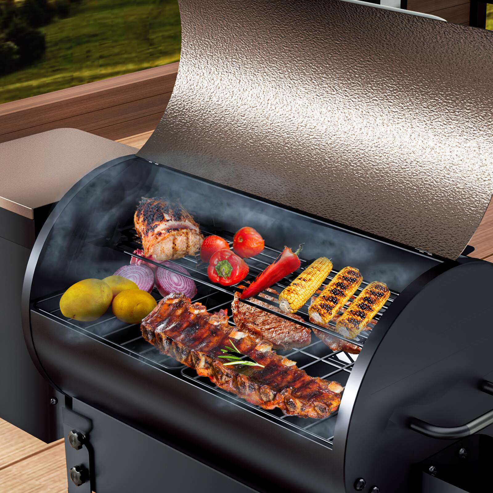 Back. KingChii - 456 Sq. In. Wood Pellet Grill and Smoker with Automatic Temperature Control and Foldable Legs.