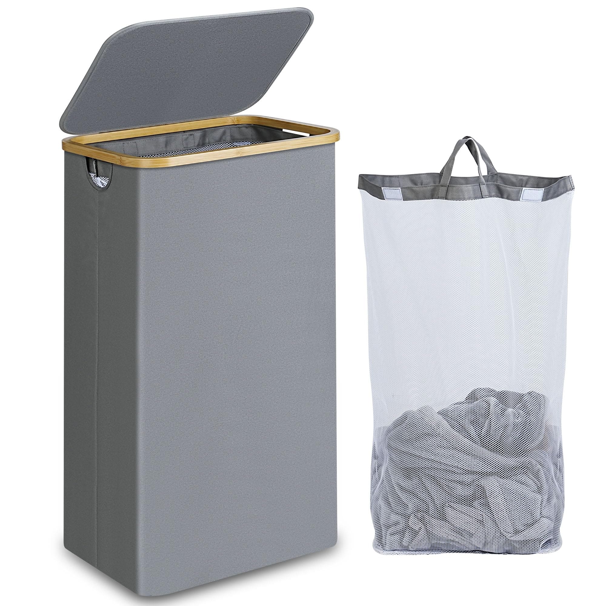 Dapper Styles - Laundry Basket With Lid And Removable Bag 100l Tall Hamper Handles Aesthetic Dirty Clothes Bin For Room Bat - Silver Grey-100L
