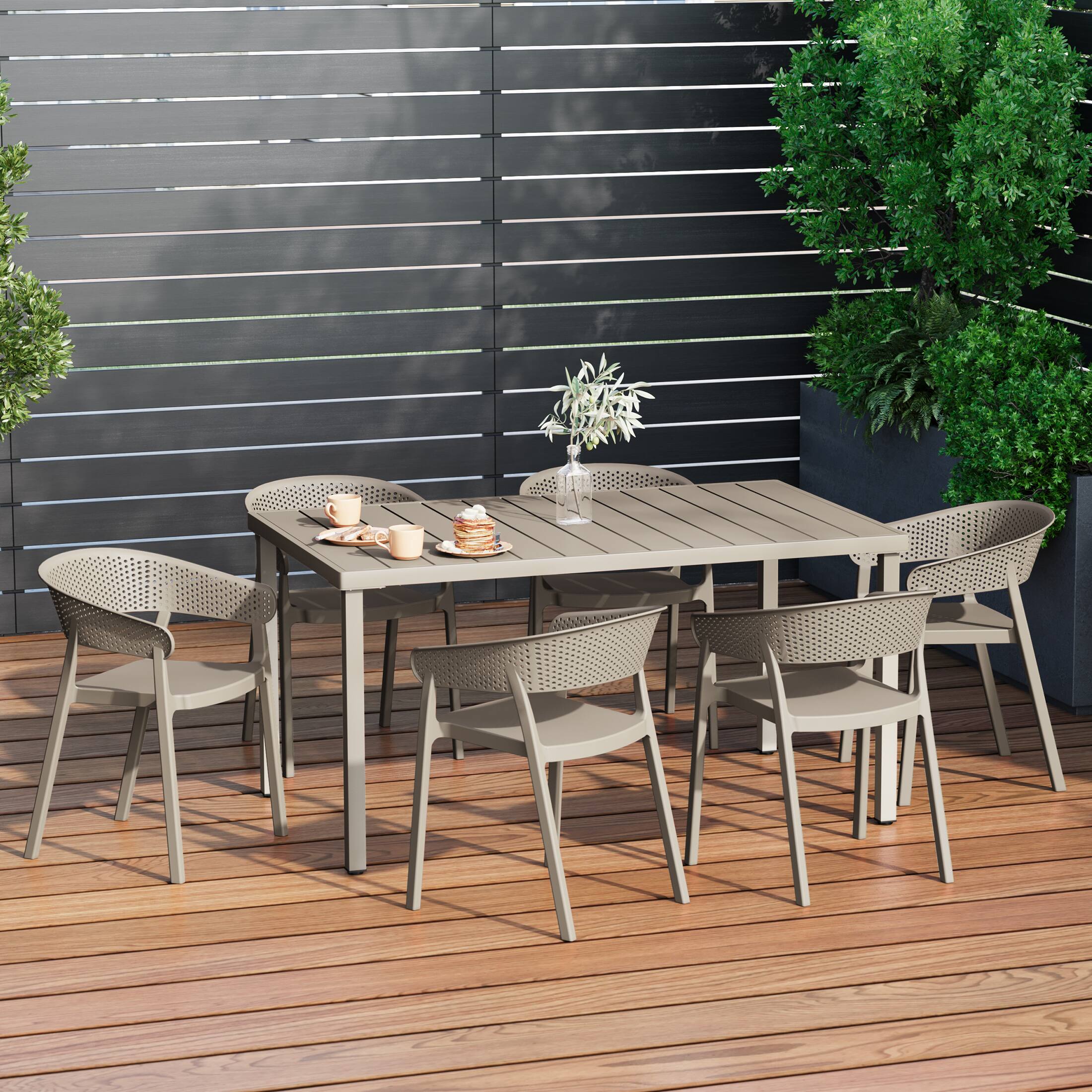 Angle. WestinTrends - WestinTrends Playa 7-Piece Outdoor Metal Rectangle Patio Dining Table Set With Stackable Patio Dining Chairs - Sand.