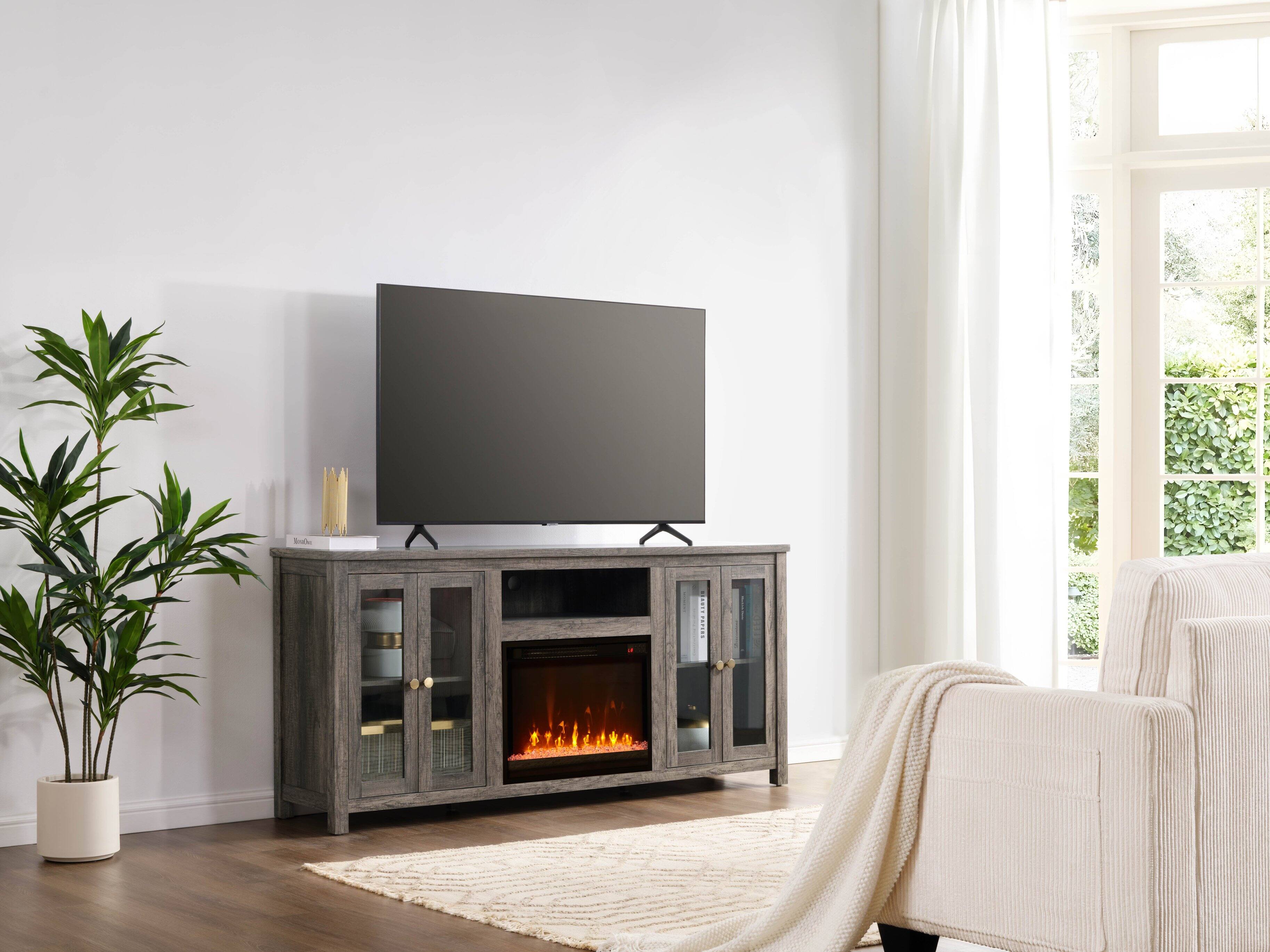Left. APRILSOUL - 70 Inch W Gray Walnut Finish Fireplace TV Stand Console with Heater LED Light Cabinets Shelves - Gray.