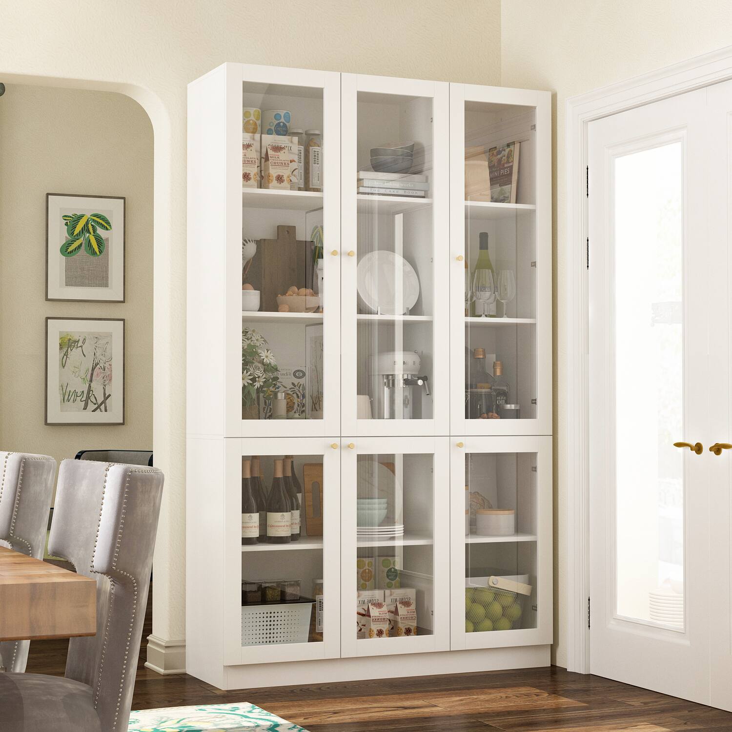 I'm sorry, but the text you provided does not seem to be related to the image. The image features a white kitchen cabinet with various items inside, including bottles, bowls, and a potted plant. There is also a dining table with chairs nearby.