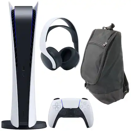 Front. Sony - PlayStation 5 Digital Console with Pulse Headset and Carry Bag (PS5 Digital Console) - White.
