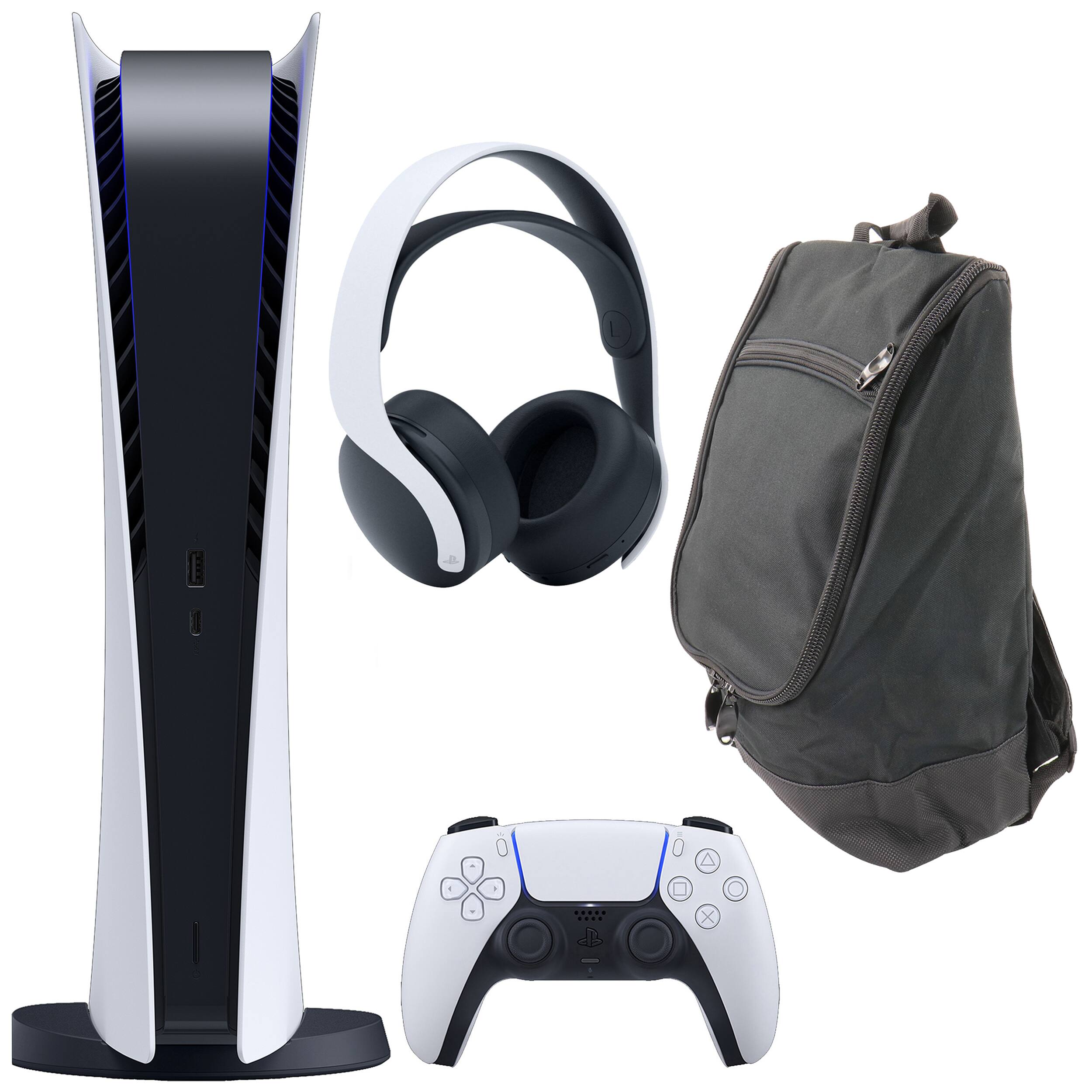Front. Sony - PlayStation 5 Digital Console with Pulse Headset and Carry Bag (PS5 Digital Console) - White.
