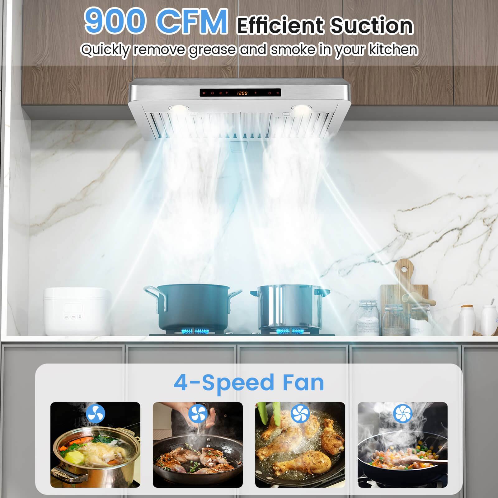 900 CFM Efficient Suction
Quickly remove grease and smoke in your kitchen
4-Speed Fan