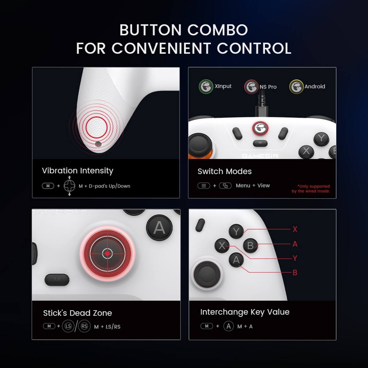 BUTTON COMBO FOR CONVENIENT CONTROL

- Vibration Intensity
  - M + D-pad's Up/Down

- Switch Modes
  - M + Menu + View
  *Only supported by the wired mode.

- Stick's Dead Zone
  - M + LS/RS

- Interchange Key Value
  - M + A