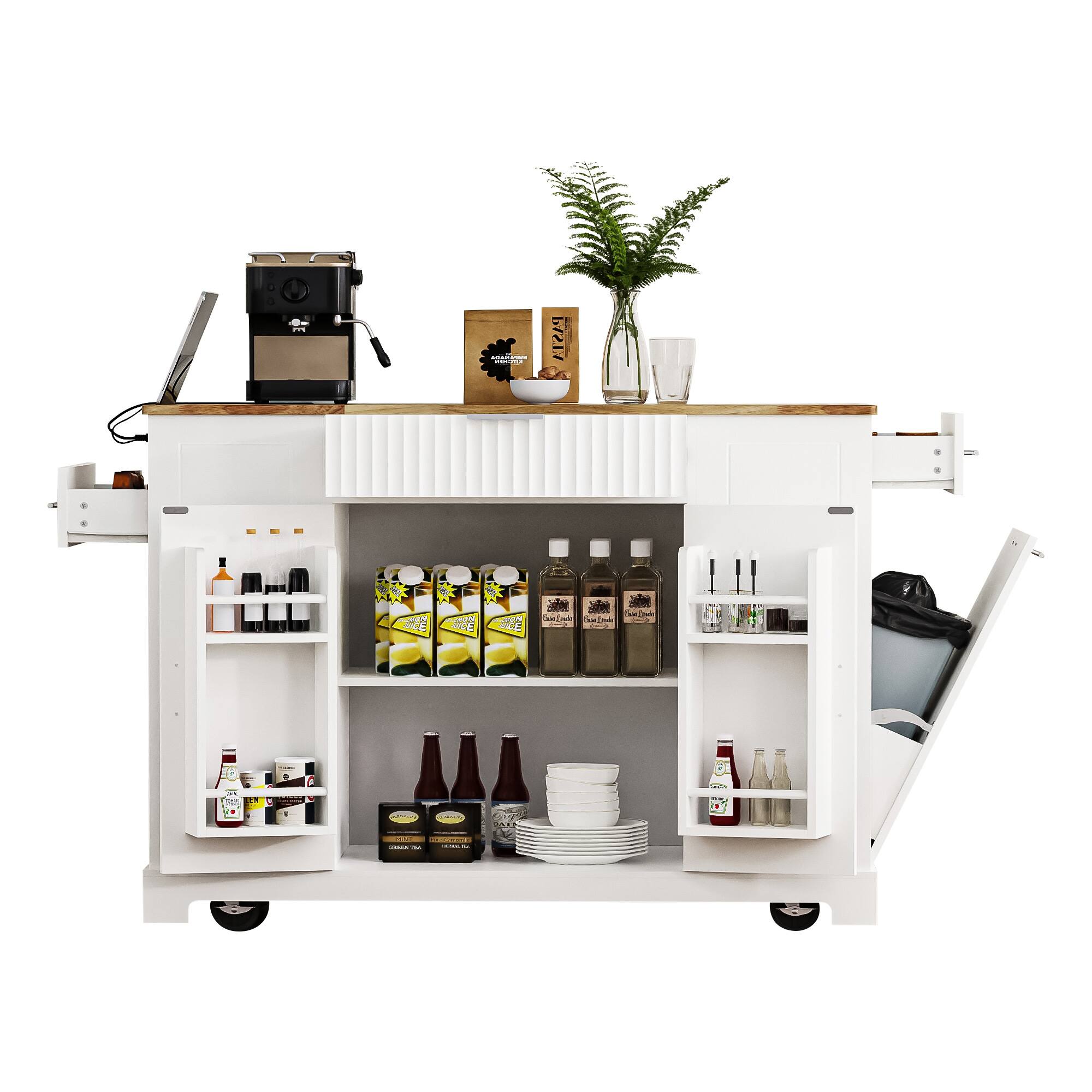 Alt View 4. Forest'nSky - Kitchen Island with Trash Can Storage Cabinet, Power Outlet with 3 Drawers & 3 Side Racks,White - White.