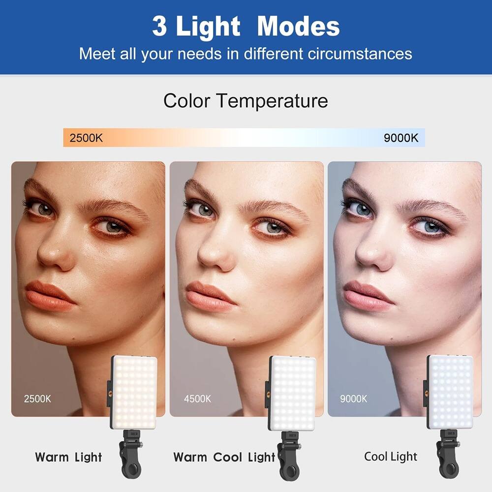 3 Light Modes  
Meet all your needs in different circumstances  

Color Temperature  
2500K 4500K 9000K  

Warm Light  
Warm Cool Light  
Cool Light