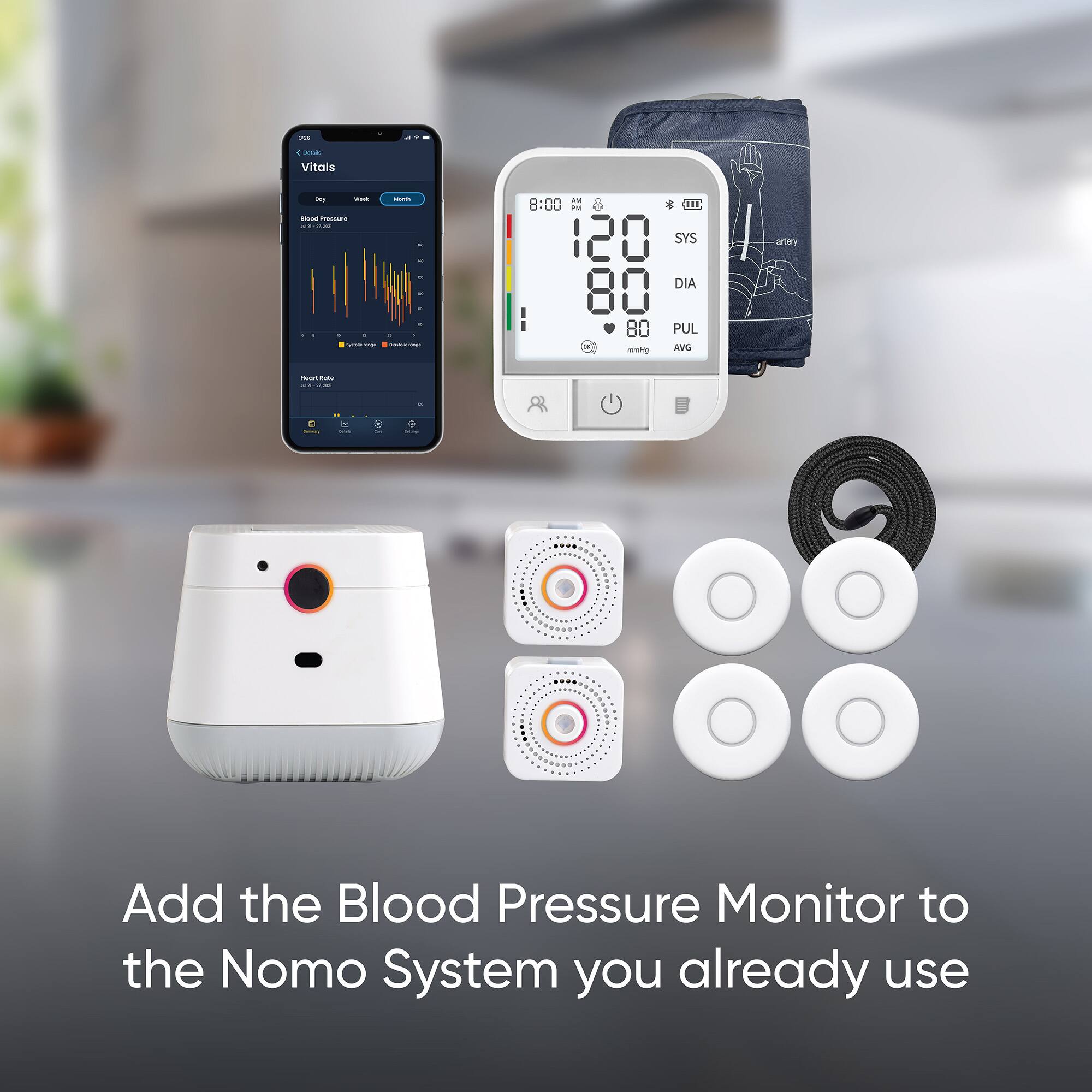 Vitals:  
- Blood Pressure: 120 SYS, 80 DIA  
- Pulse: 80 PUL  
- mmHg AVG  

Add the Blood Pressure Monitor to the Nomo System you already use
