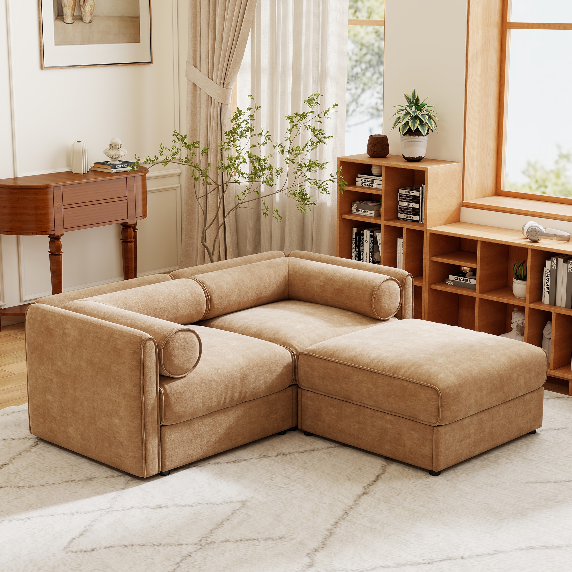 Anysun - Chenille 2-Seater Loveseat with Ottoman Storage - Cylindrical Backrest & Armrests, Modern Hidden Storage Design - Camel