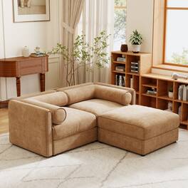 Anysun - Chenille 2-Seater Loveseat with Ottoman Storage - Cylindrical Backrest & Armrests, Modern Hidden Storage Design - Camel