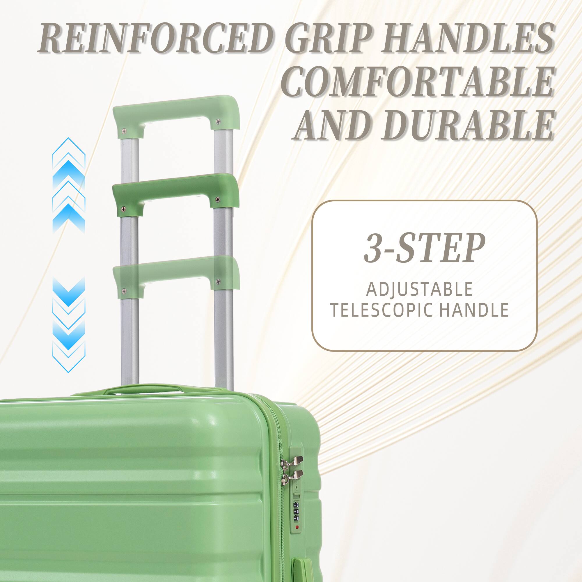 REINFORCED GRIP HANDLES COMFORTABLE AND DURABLE  
3-STEP ADJUSTABLE TELESCOPIC HANDLE