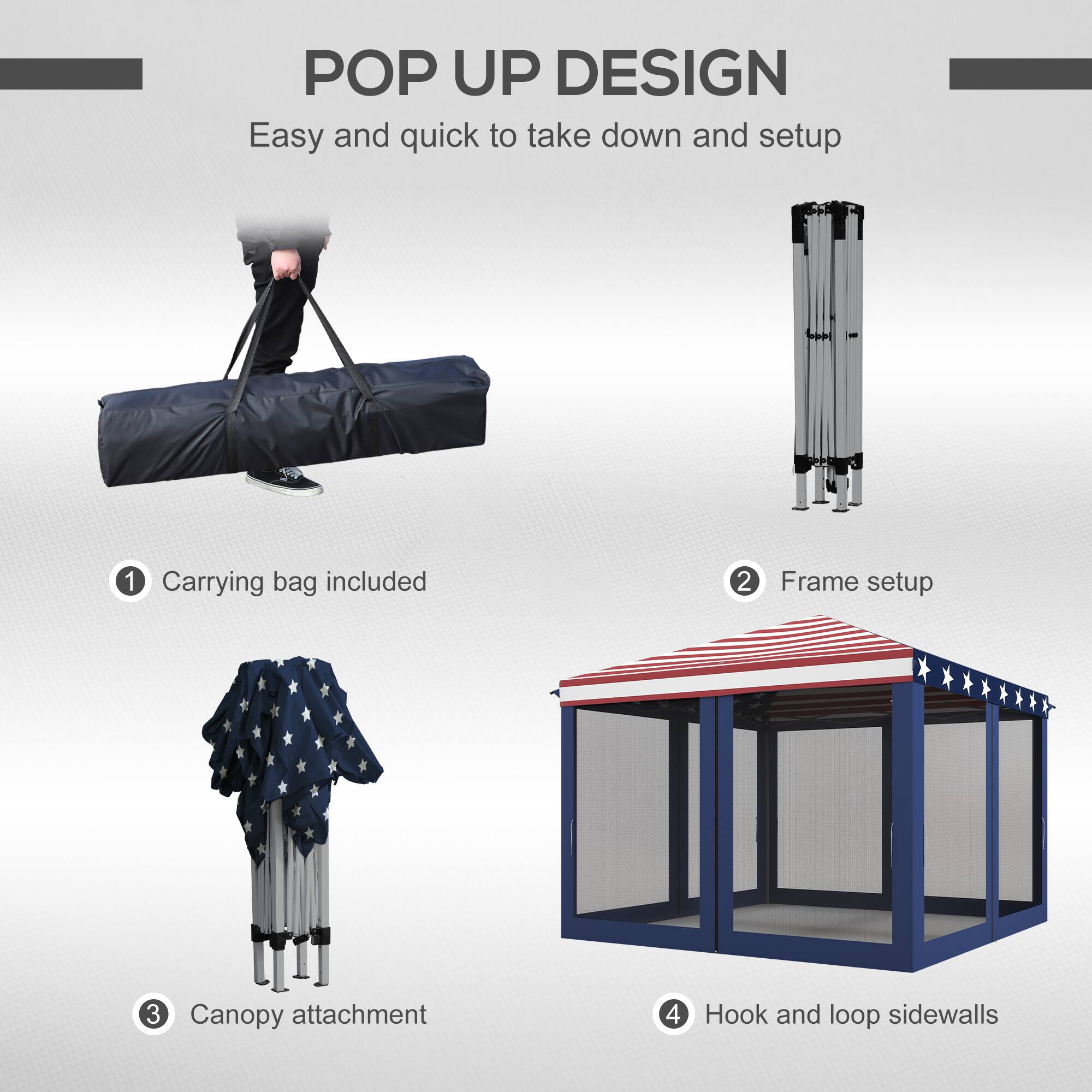 POP UP DESIGN  
Easy and quick to take down and setup  

1. Carrying bag included  
2. Frame setup  
3. Canopy attachment  
4. Hook and loop sidewalls