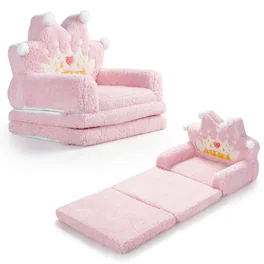 Costway - 2-in-1 Foldable Kids Sofa Bed Convertible Lounger with Crown Printed Designs - Pink Crown