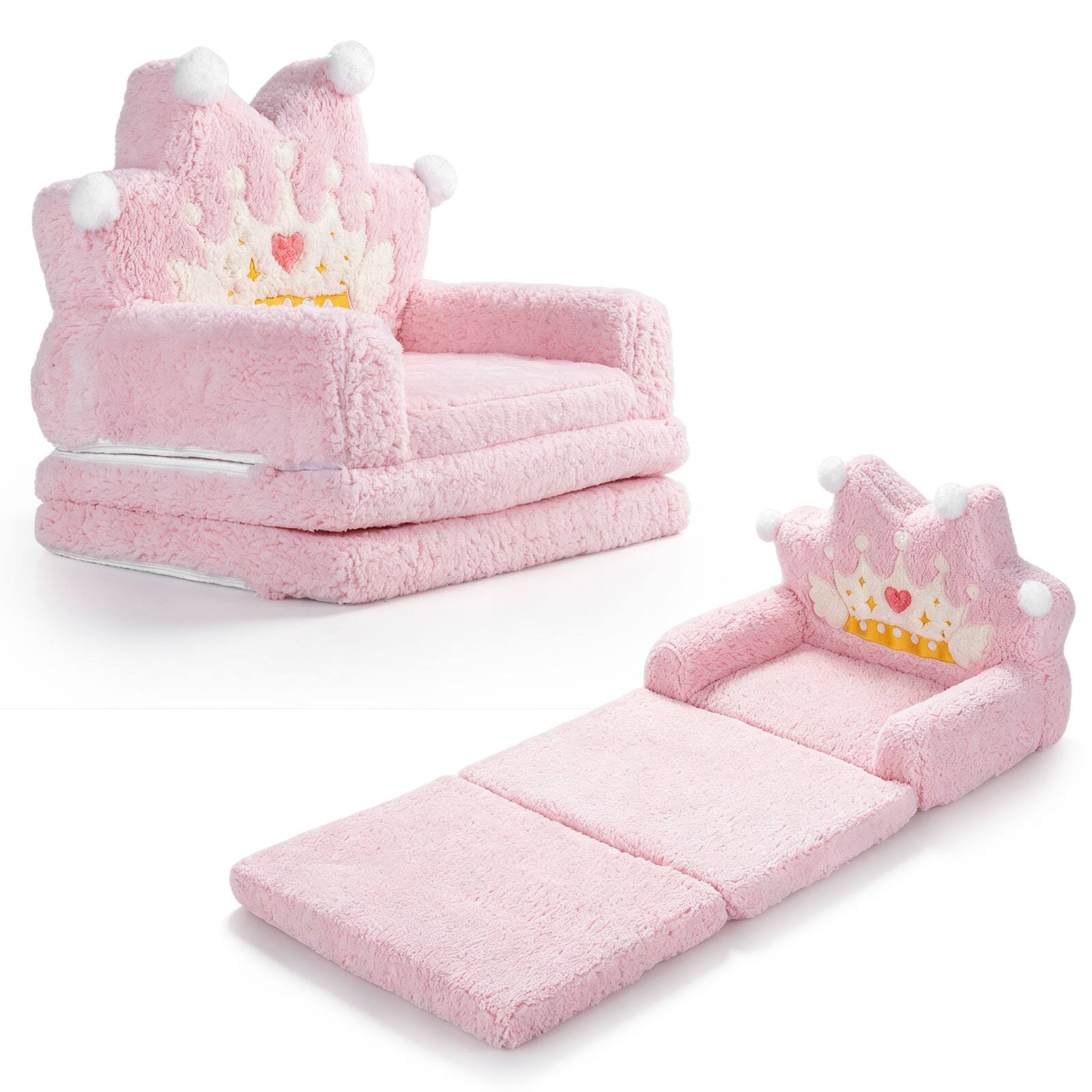 Front. Costway - Costway 2-in-1 Foldable Kids Sofa Bed Convertible Lounger with Crown Printed Designs Pink Crown - Pink Crown.