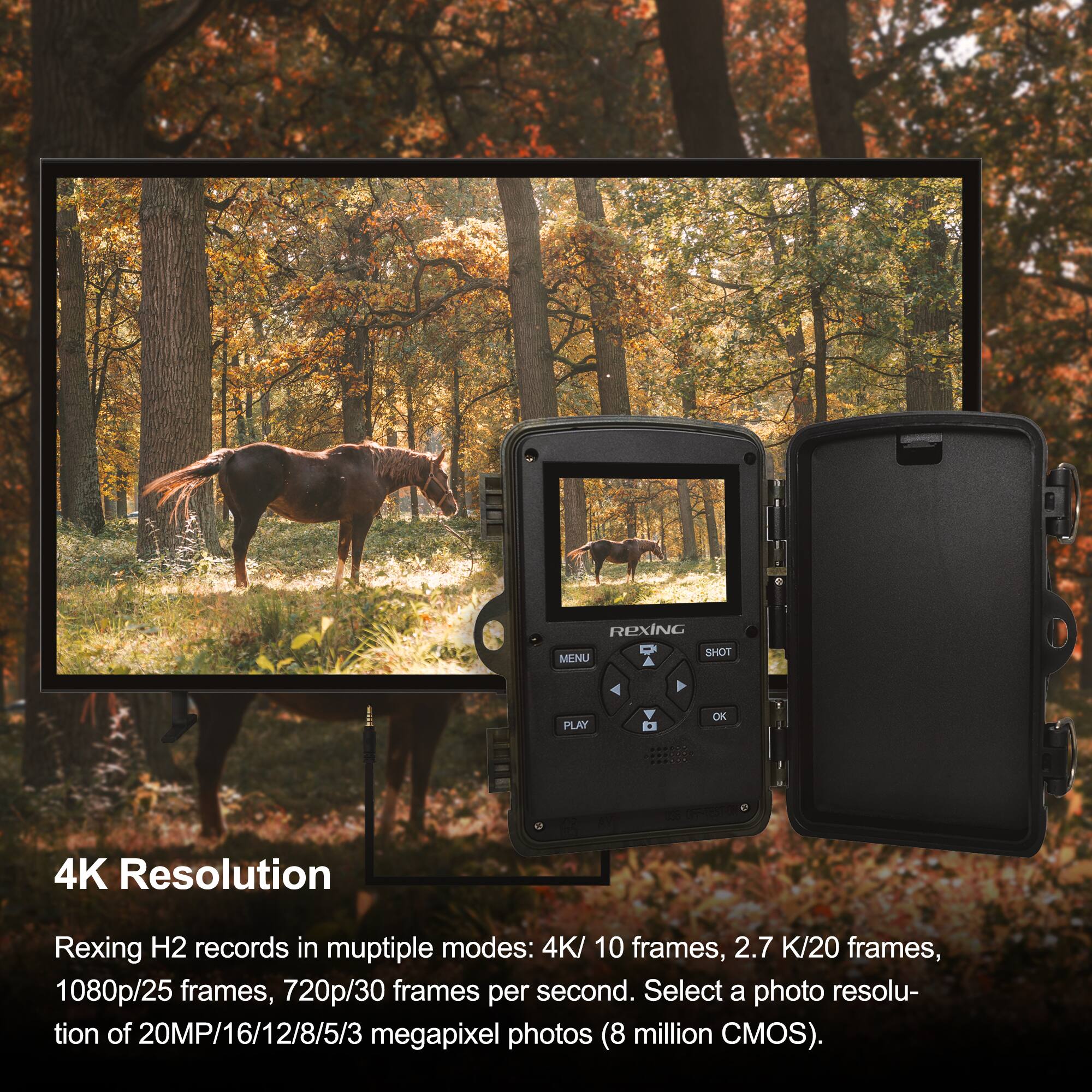 4K Resolution

Rexing H2 records in multiple modes: 4K/10 frames, 2.7K/20 frames, 1080p/25 frames, 720p/30 frames per second. Select a photo resolution of 20MP/16MP/12MP/8MP/5MP/3MP megapixel photos (8 million CMOS).