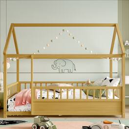 GOODSILO - Twin Size Floor Bed with Playhouse Roof Design and Safety Guardrails for Children's Bedroom - Natural