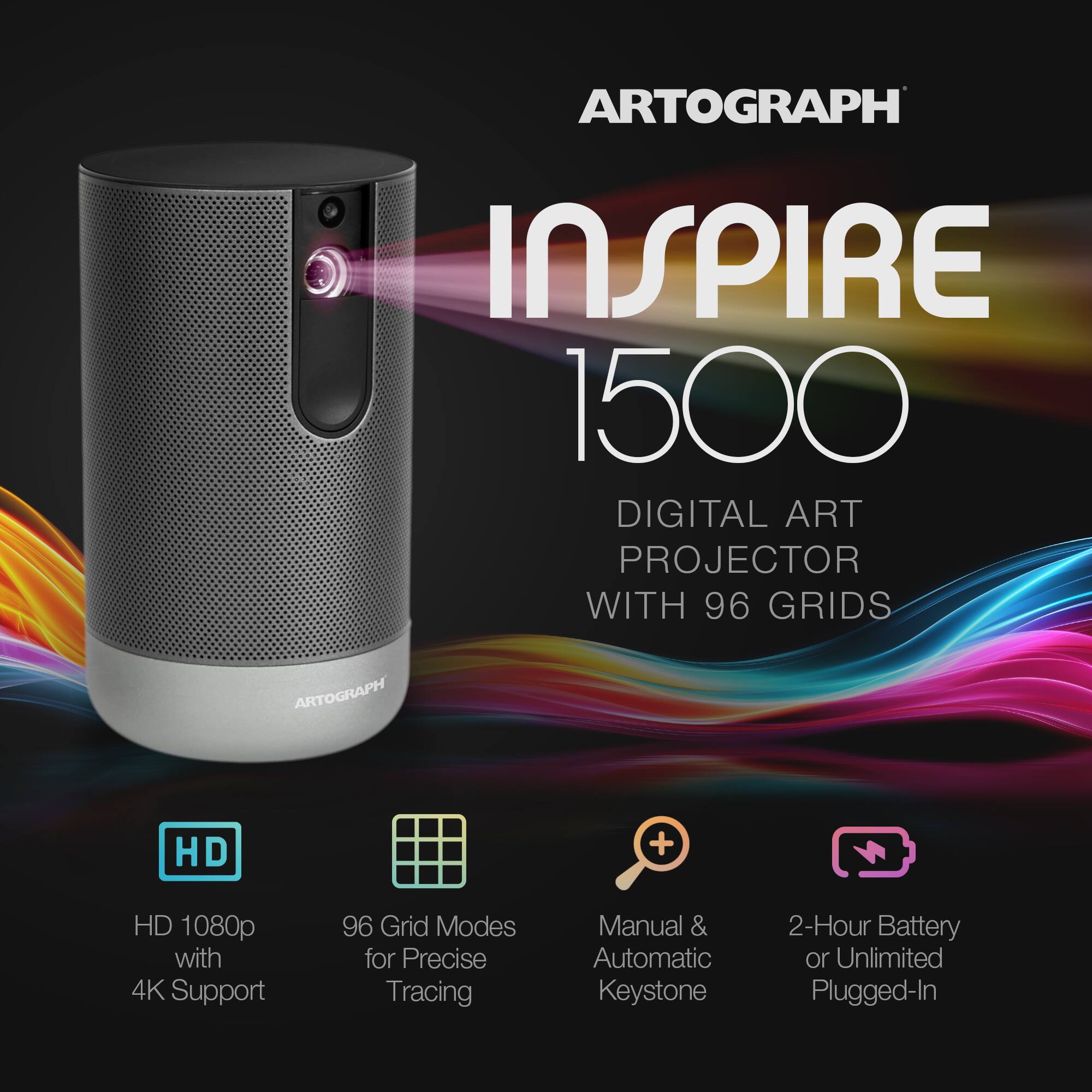 ARTOGRAPH INSPIRE 1500 DIGITAL ART PROJECTOR WITH 96 GRIDS

- HD 1080p with 4K Support
- 96 Grid Modes for Precise Tracing
- Manual & Automatic Keystone
- 2-Hour Battery or Unlimited Plugged-In
