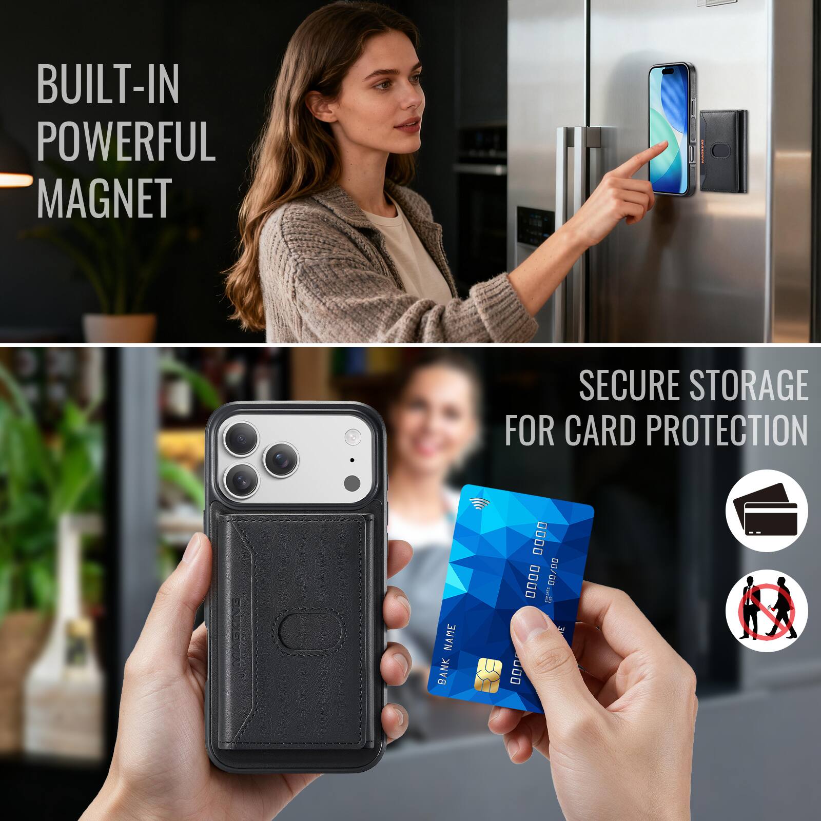 BUILT-IN POWERFUL MAGNET  
SECURE STORAGE FOR CARD PROTECTION  
BANK NAME  
0000 0000 0000 0000  
00/00