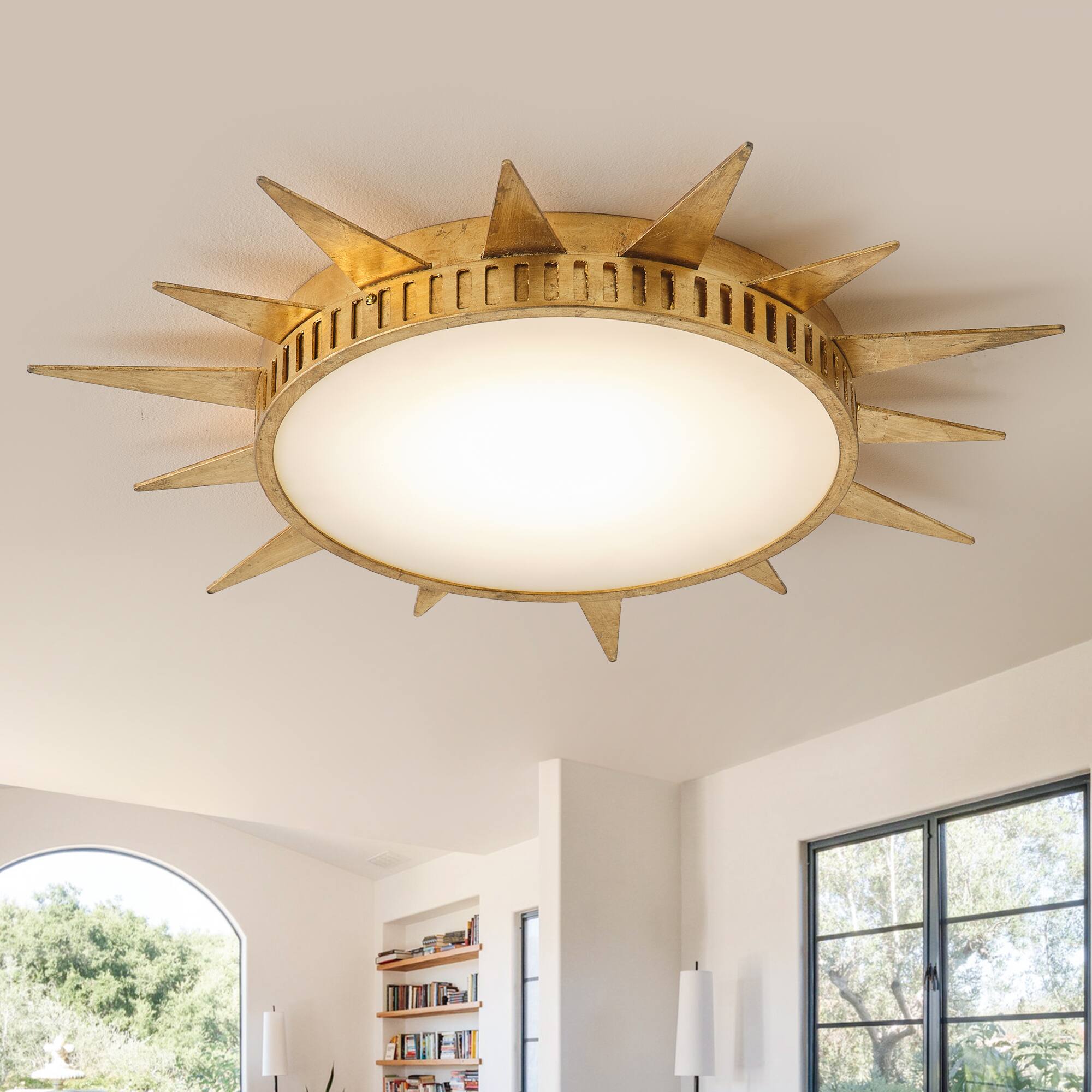 Angle. Parrot Uncle - 25.2 in. Integrated LED Vintage Gold Sun Burst Ceiling Light - Gold.